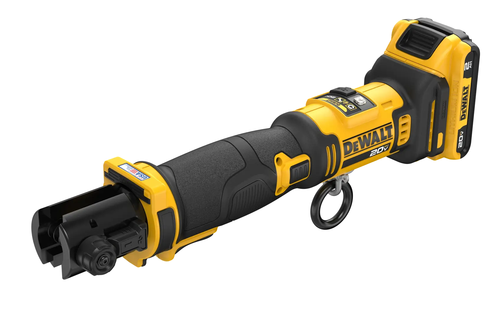 DEWALT Compact Inline Press Tool with 2 AH battery viewed from 3/4 angle showing the back of the tool 