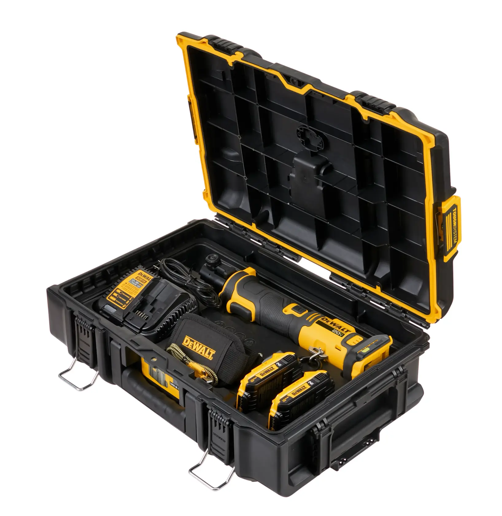 DEWALT Compact Inline Press Tool inside Tough System Box with batteries, strap, cord, and charger all placed in their individual slots.