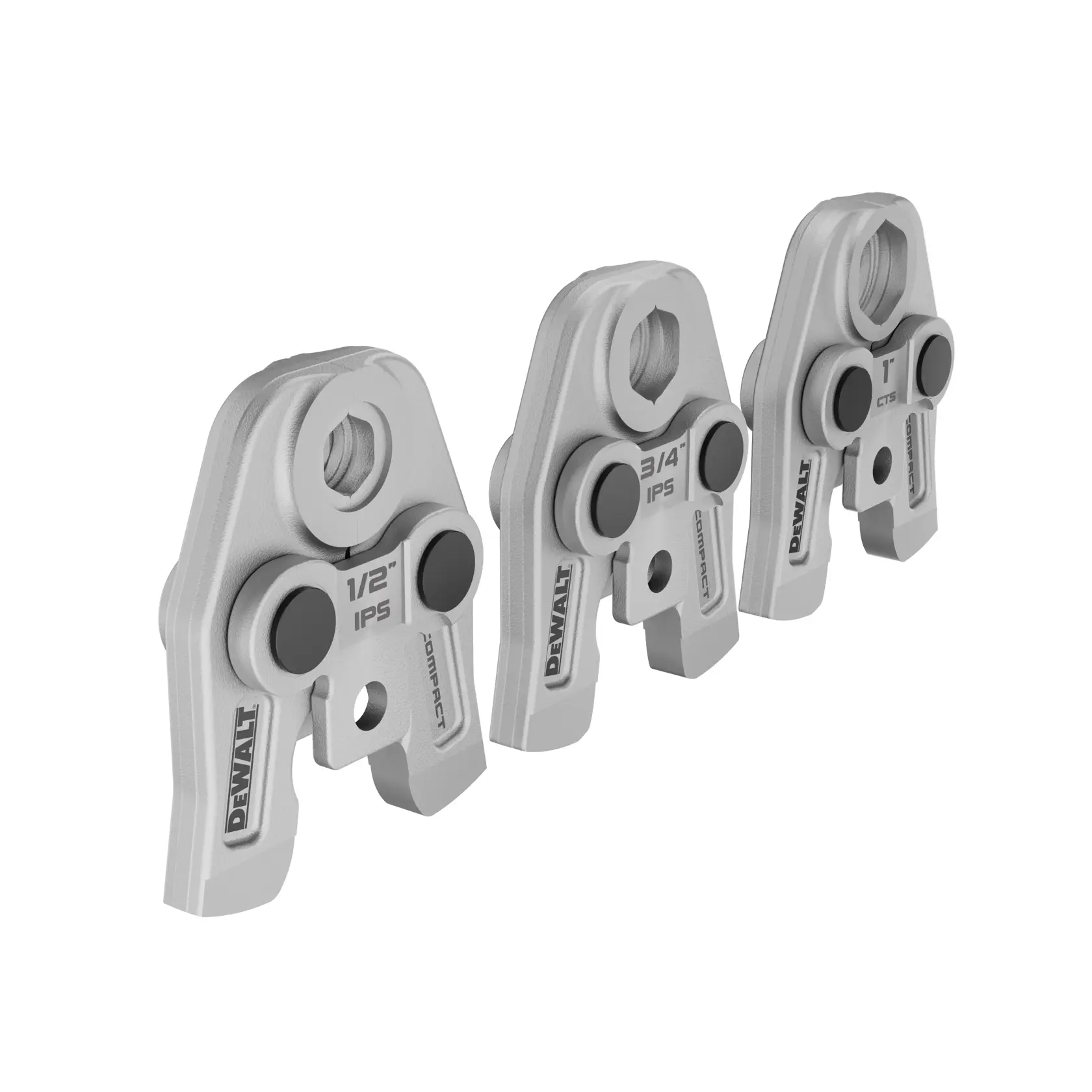 Three DEWALT compact pressing jaws for pipe fittings are shown standing upright. Each jaw is labeled for different sizes: 1/2 inch IPS, 3/4 inch IPS, and 1 inch CTS. The metal jaws feature black button elements and DEWALT branding.
