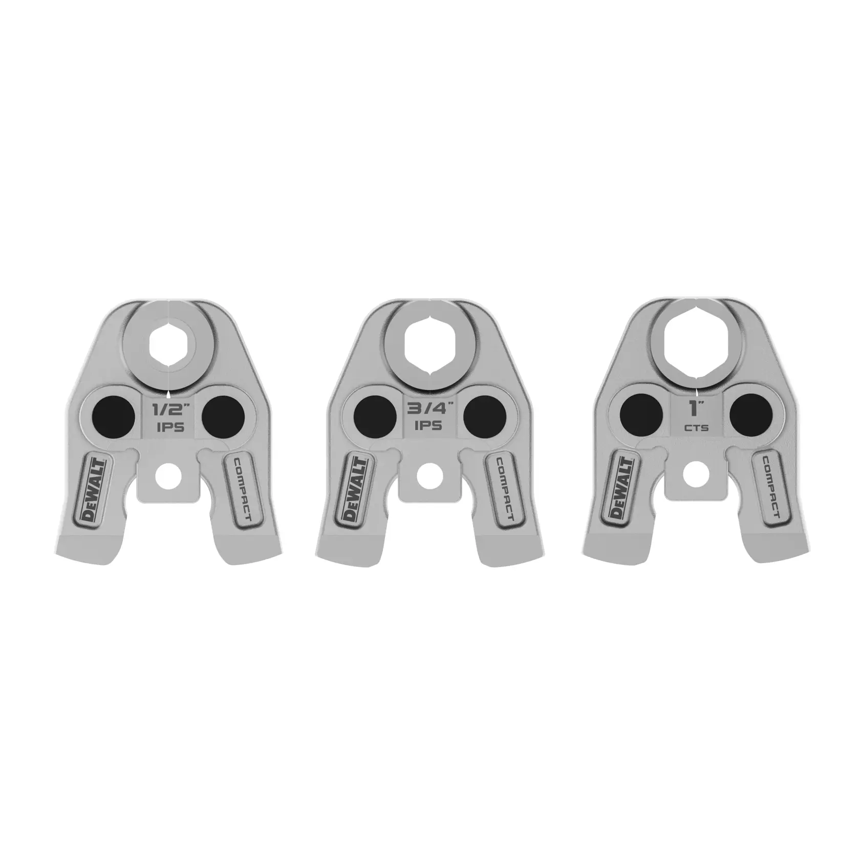 Three DEWALT compact pipe press jaw attachments are shown. Each jaw is labeled with a different pipe size: 1/2 inch IPS, 3/4 inch IPS, and 1 inch CTS. The jaws are metallic and shaped for pressing pipes.