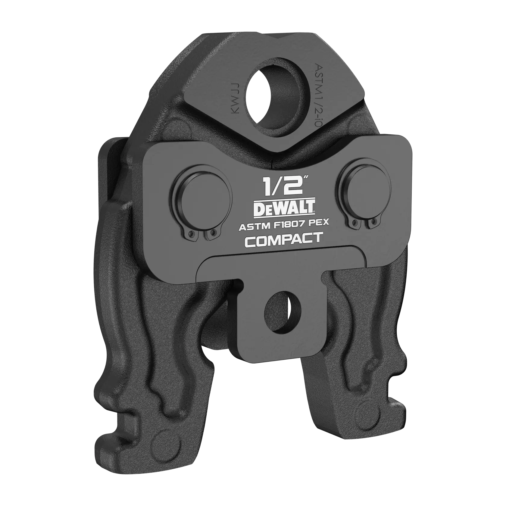 A compact DEWALT 1/2 inch ASTM F1807 PEX crimping jaw tool, designed for use in plumbing and pipe fitting applications. The tool is made of durable metal and features a robust design.