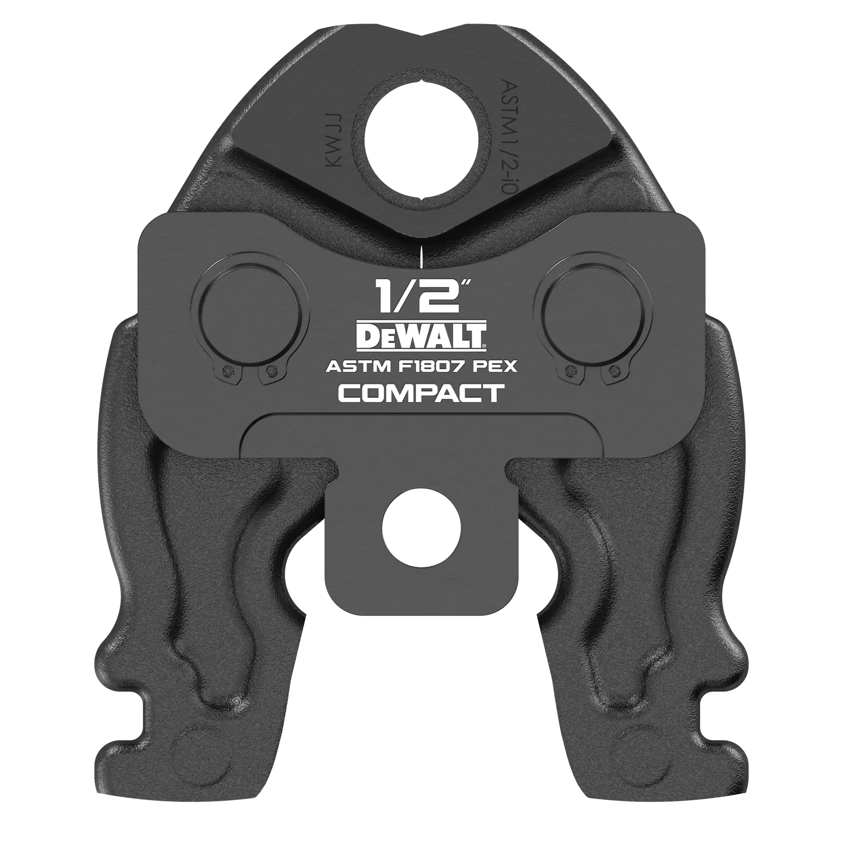 Close-up image of a DEWALT 1/2 inch compact pressing jaw for ASTM F1807 PEX, used in plumbing applications. The tool attachment is constructed from metal and has 'DEWALT', 'ASTM F1807 PEX', and 'COMPACT' labeled on the front.