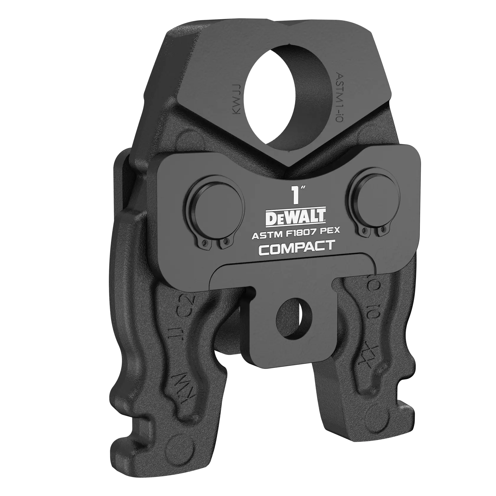 A Dewalt compact press jaw tool for 1-inch ASTM F1807 PEX fittings, made of durable metal, designed for pipe connections in plumbing applications.