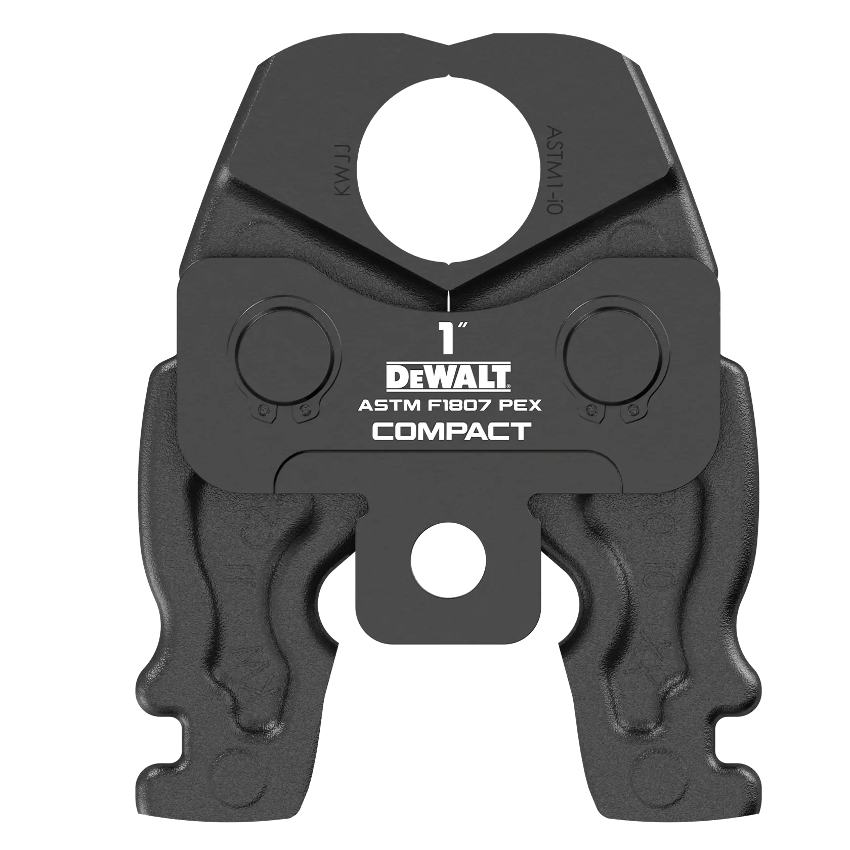 A close-up image of a DEWALT compact crimping tool head for 1-inch ASTM F1807 PEX tubing. The head is metallic, black, and labeled with the DEWALT logo and specifications.