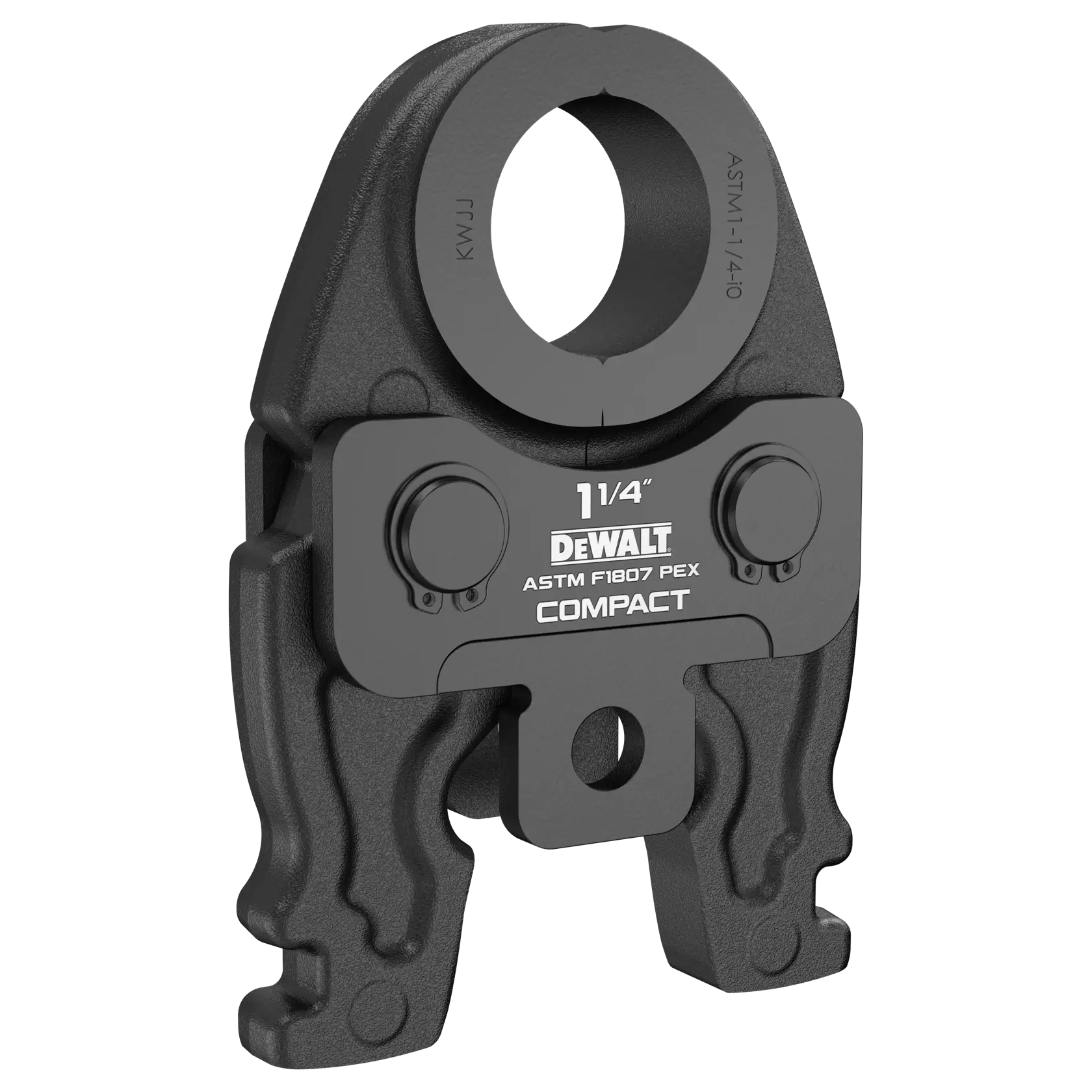 A DEWALT compact pipe crimping jaw for ASTM F1807 PEX, size 1 1/4 inch. The tool is designed for use with pipe crimping systems and has a robust, black metal construction.