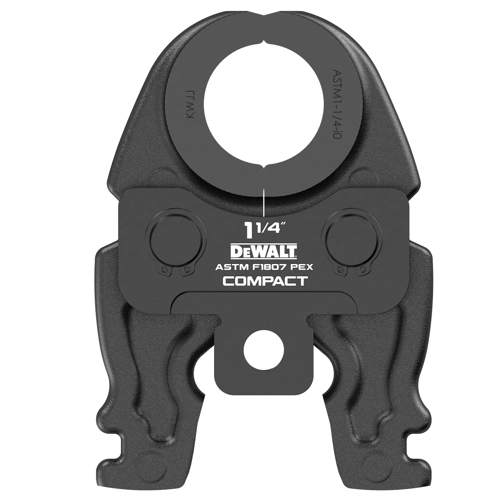 A DEWALT compact press tool jaw marked with 1 1/4 inch size, designed for ASTM F1807 PEX pipe connections. The tool is made of black metal and has the DEWALT logo and product specifications printed on the front.