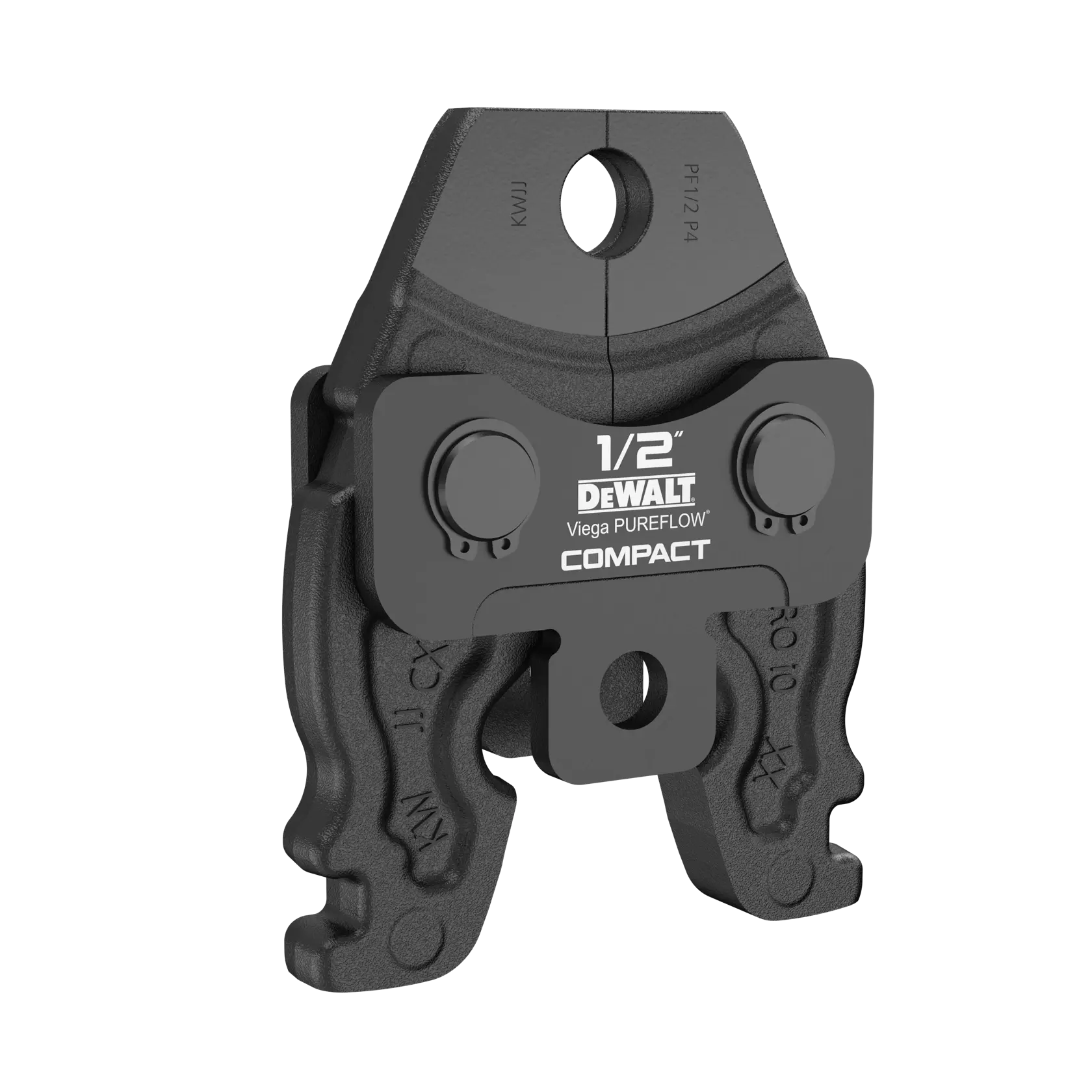 A DEWALT Viega PureFlow compact jaw tool for pressing 1/2 inch pipe fittings. The tool is made of black metal and features a central hole and labeled markings on its surface.