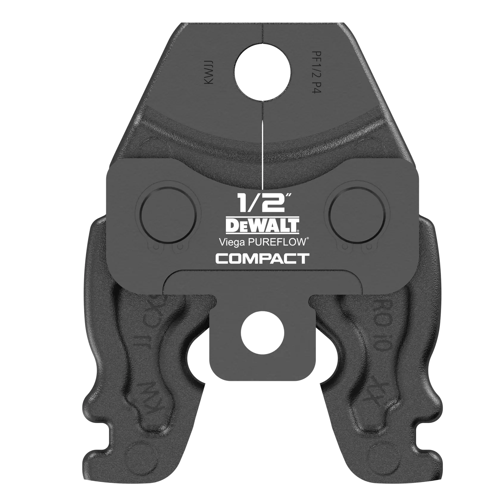 A DEWALT 1/2 inch Viega PUREFLOW COMPACT press tool jaw, designed for making secure connections in plumbing systems.