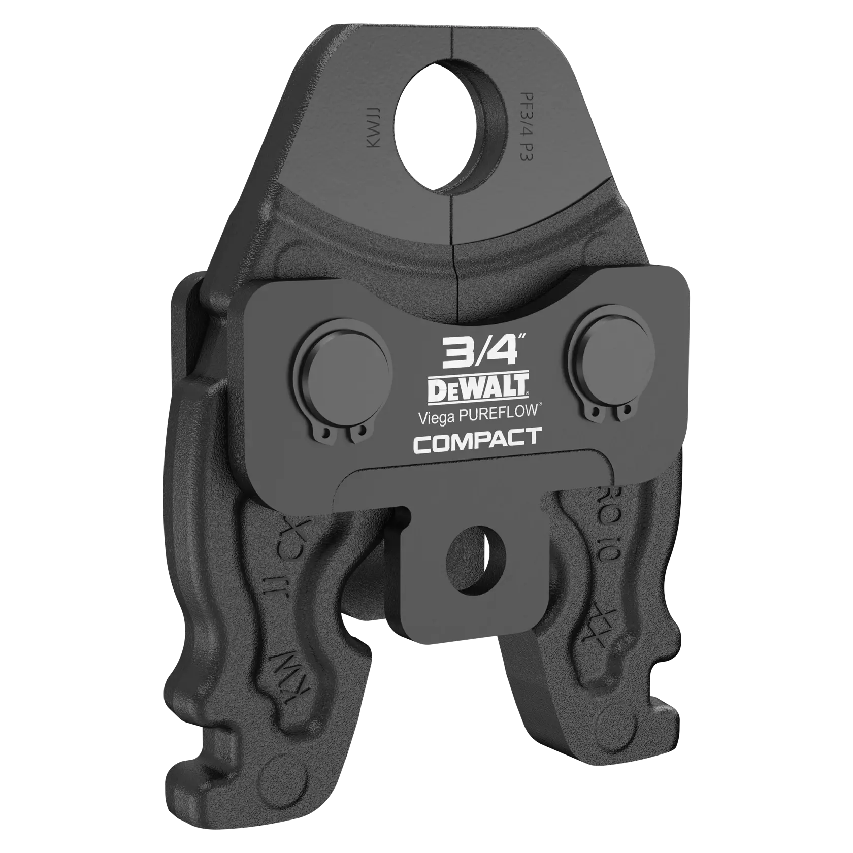 A DEWALT Viega PUREFLOW compact press jaw tool for 3/4 inch pipes, made of black metal and designed for plumbing applications.