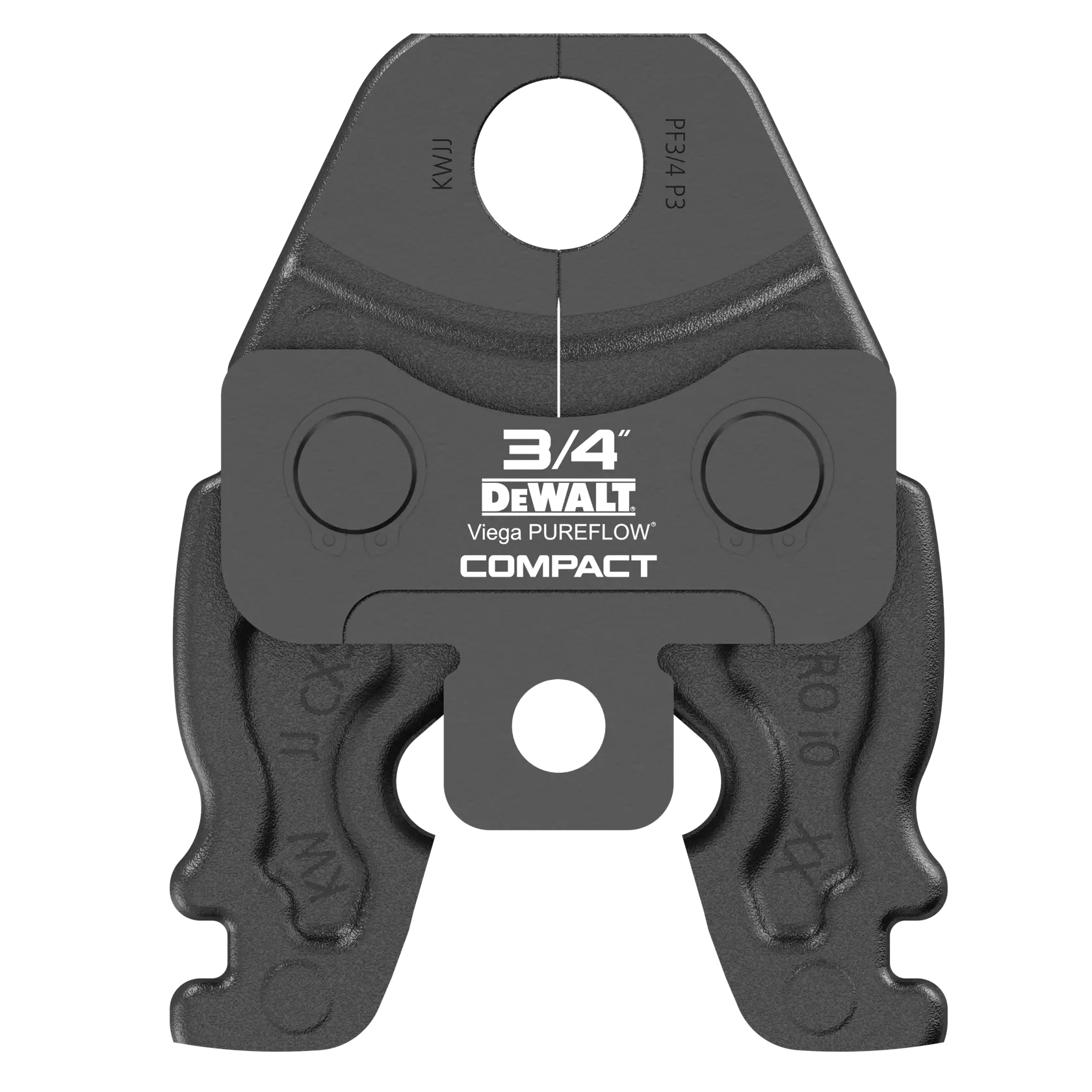 Front view of a DEWALT branded compact press jaw tool for Viega PUREFLOW, sized at 3/4 inch, mainly used for plumbing and pipe fitting applications.