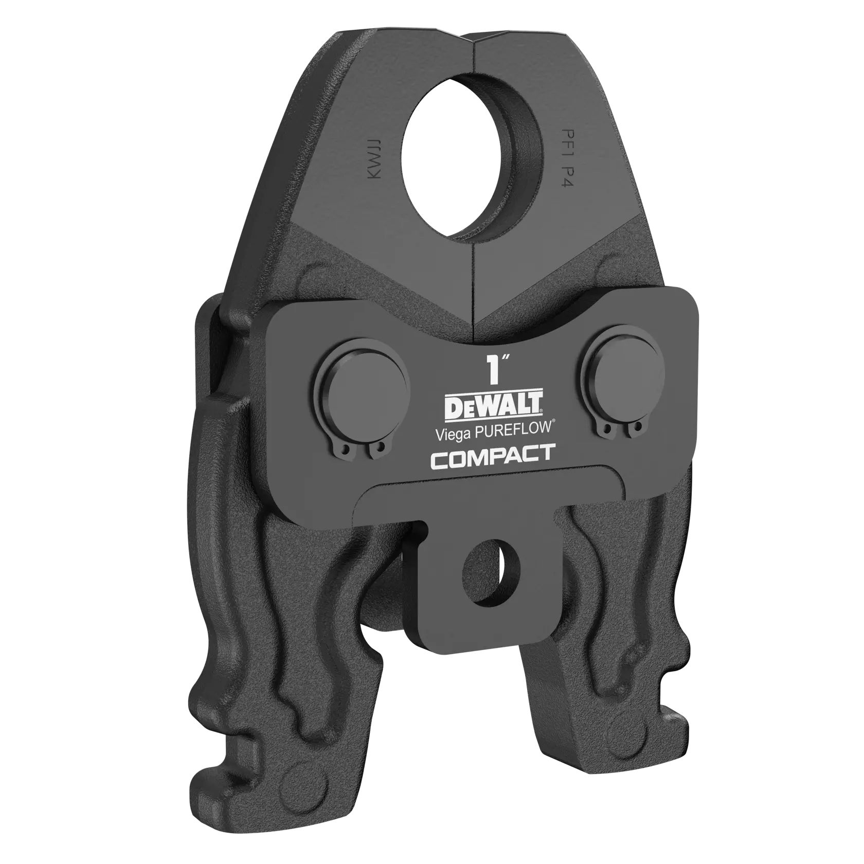 A DEWALT Viega PUREFLOW 1 inch compact pressing jaw used for pipe fitting and plumbing applications. The tool is black with sturdy metal construction designed for durability.