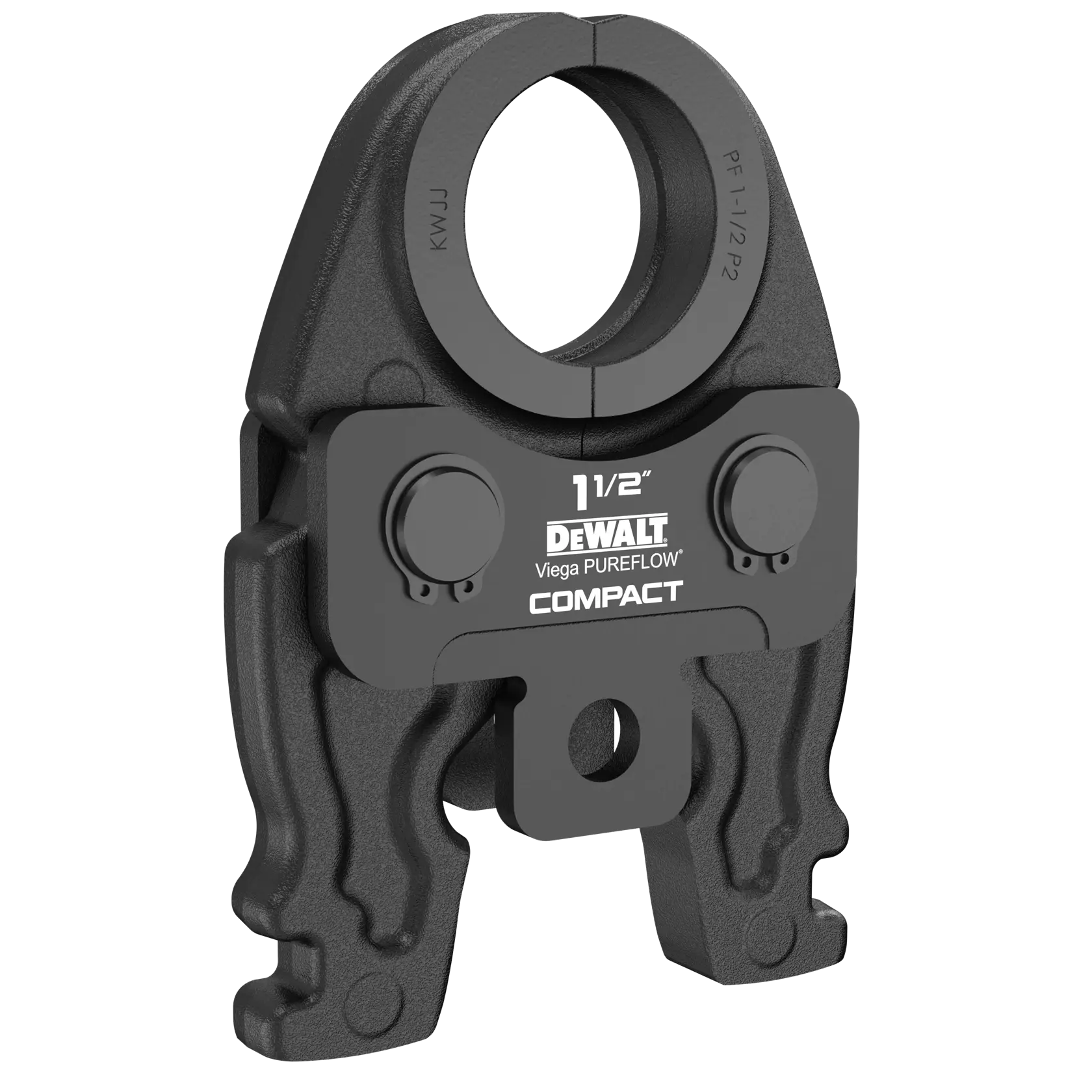 A black DEWALT Viega PUREFLOW compact pressing jaw for pipes, labeled 1 1/2 inch, used for plumbing fittings.