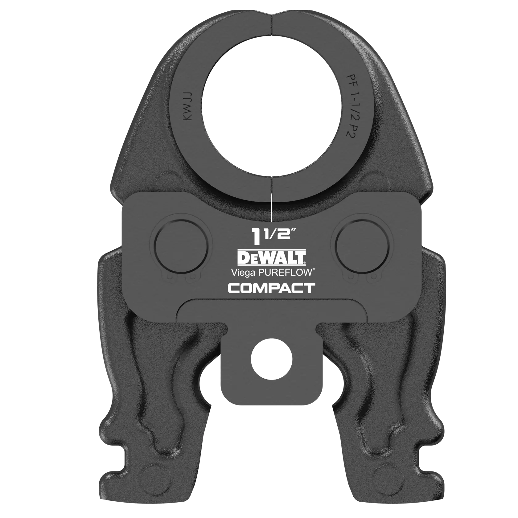 A DEWALT Viega PUREFLOW compact pressing jaw for 1-1/2 inch pipes, made of durable metal, used as an attachment for pressing fittings in plumbing applications.