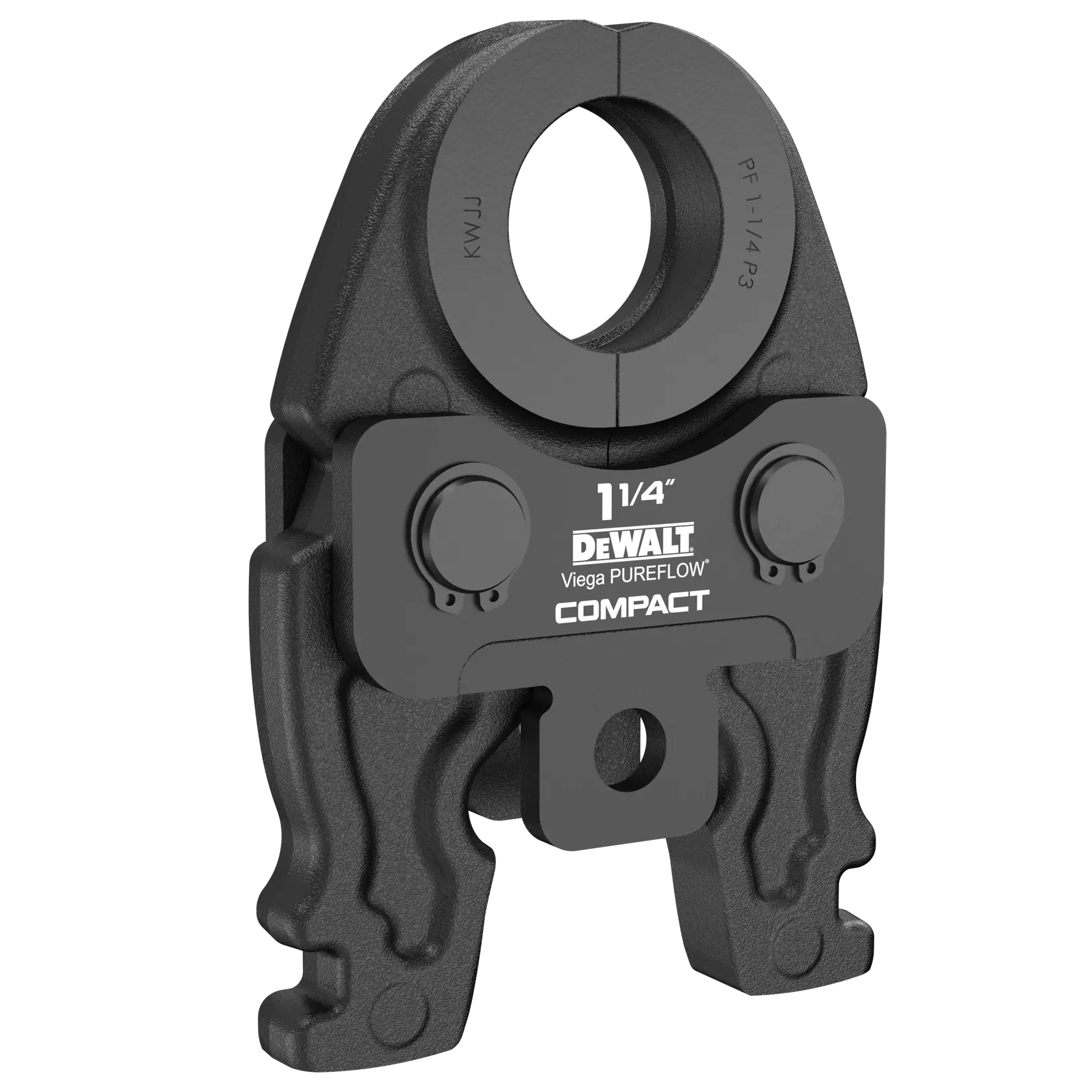 A DEWALT Viega PUREFLOW Compact press tool jaw for piping, size 1 1/4 inch. The jaw is made of dark metal and has a circular opening at the top.