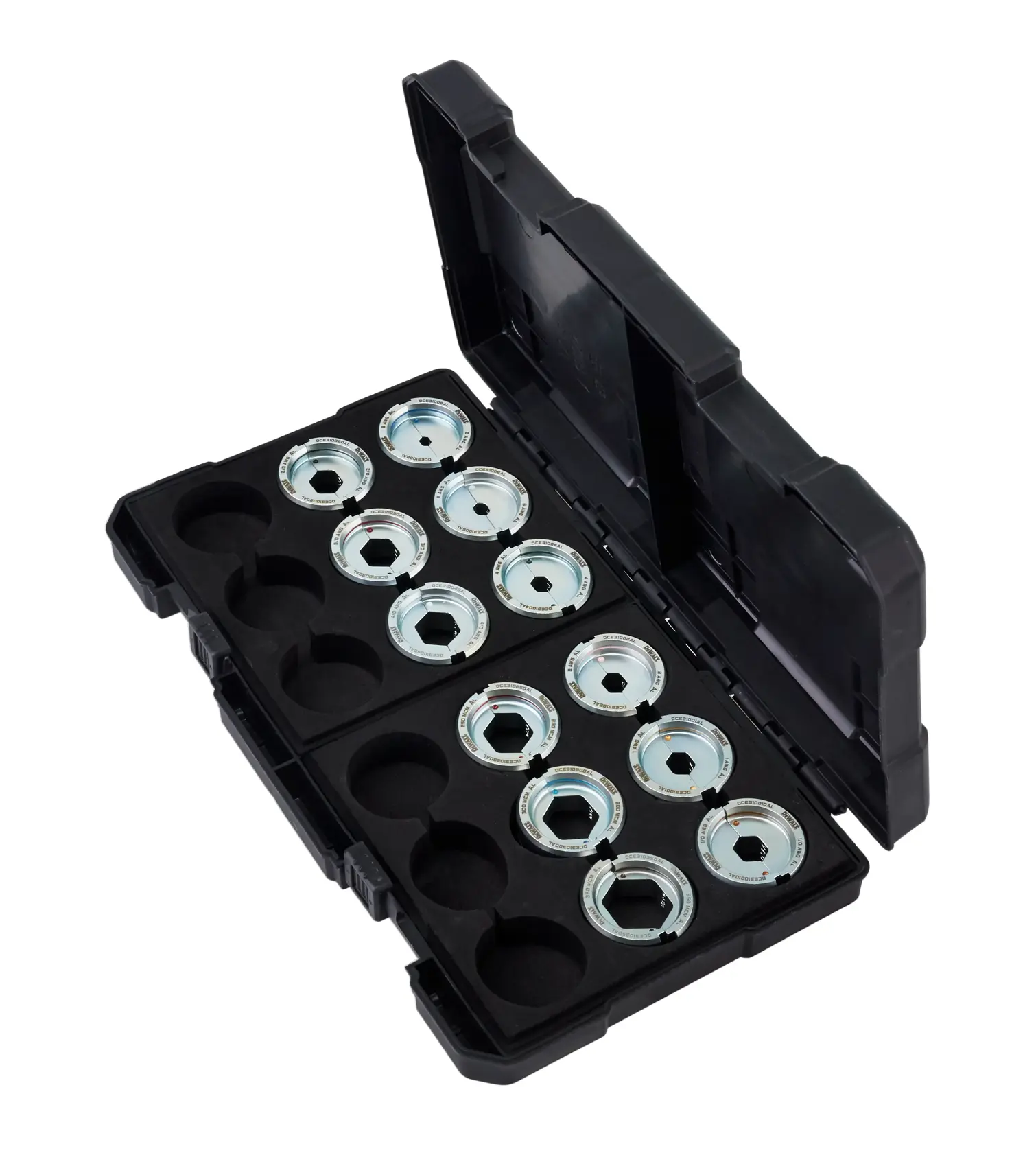 A black hard plastic case with foam insert, containing multiple round metal components with a hexagonal inner shape, organized in individual slots. The case is open and the compartments are visible.
