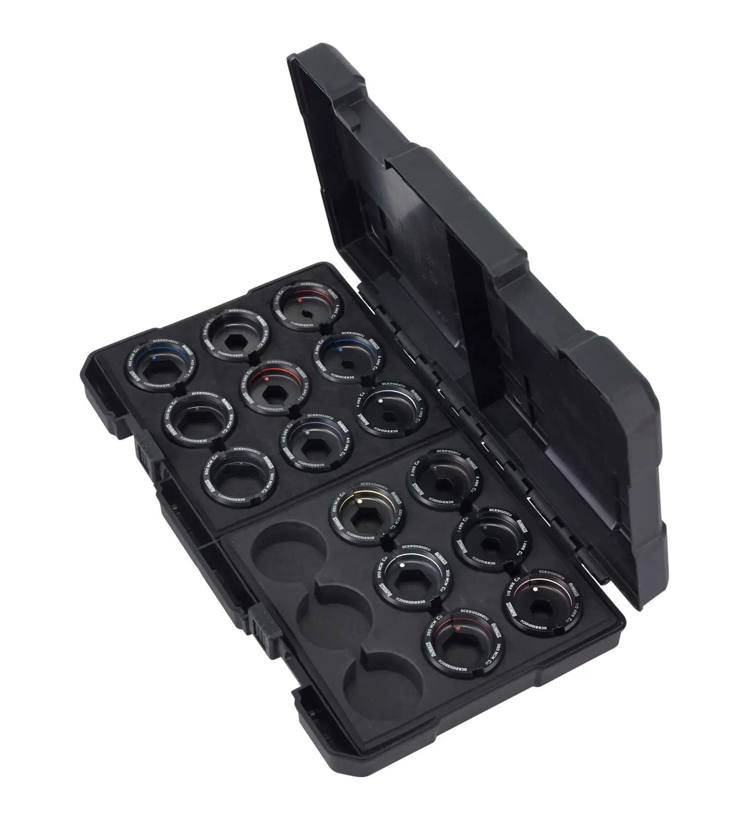 A black hard case containing multiple round camera lens adapters or rings, neatly organized in foam slots. The case is open, showing the contents arranged in rows.