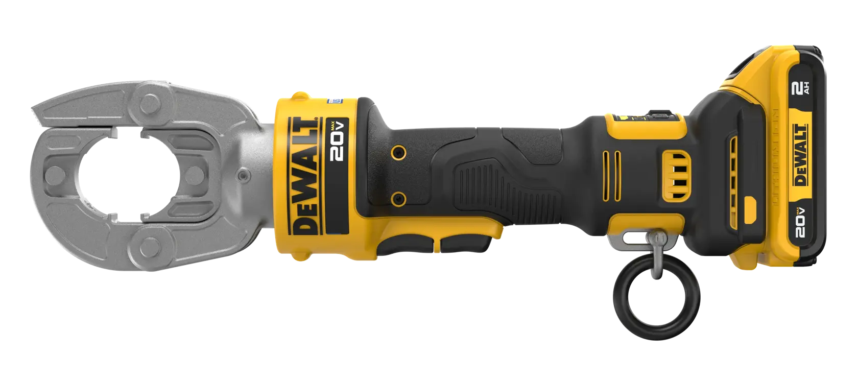DEWALT Press/Crimping Tool with 2 AH battery viewed from 3/4 angle showing the front of the tool