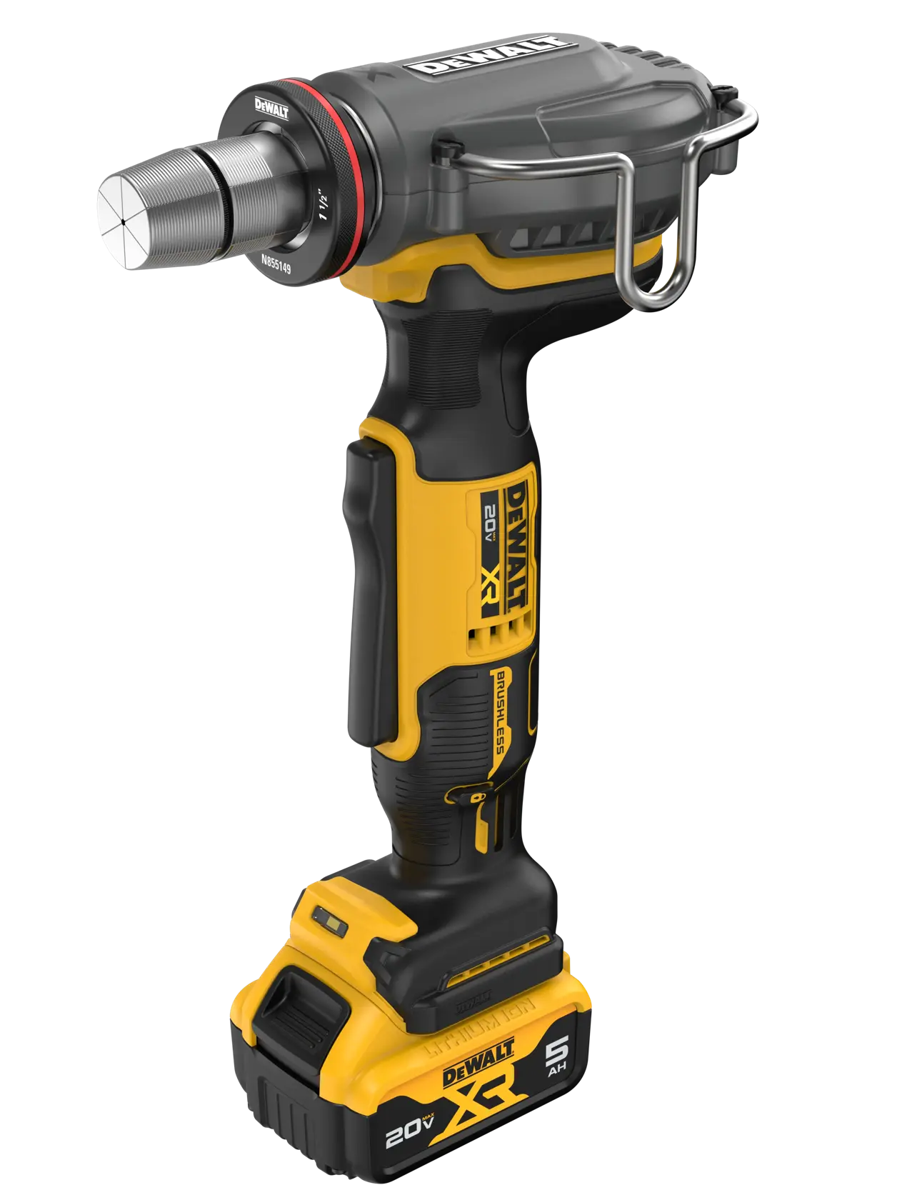 DEWALT P20V MAX* XR 1-1/2“ PEX Expander with 5 AH Battery viewed from 3/4 angle showing the front of the tool