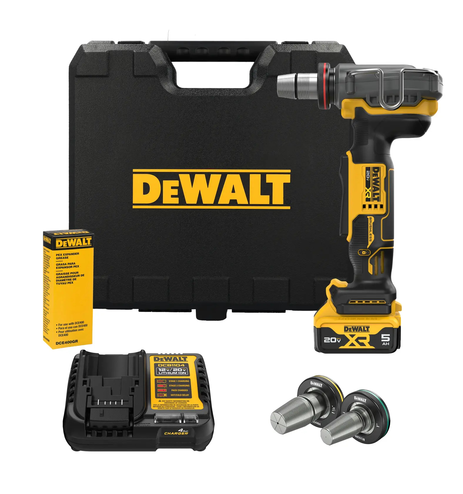 DEWALT 20V MAX(*) XR 1-1/2 inch PEX Expander kit showing the pex expander, expander heads, pex expander grease, battery and charger in front of the kit box. 