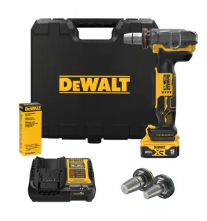 DEWALT 20V MAX(*) XR 1-1/2 inch PEX Expander kit showing the pex expander, expander heads, pex expander grease, battery and charger in front of the kit box. 