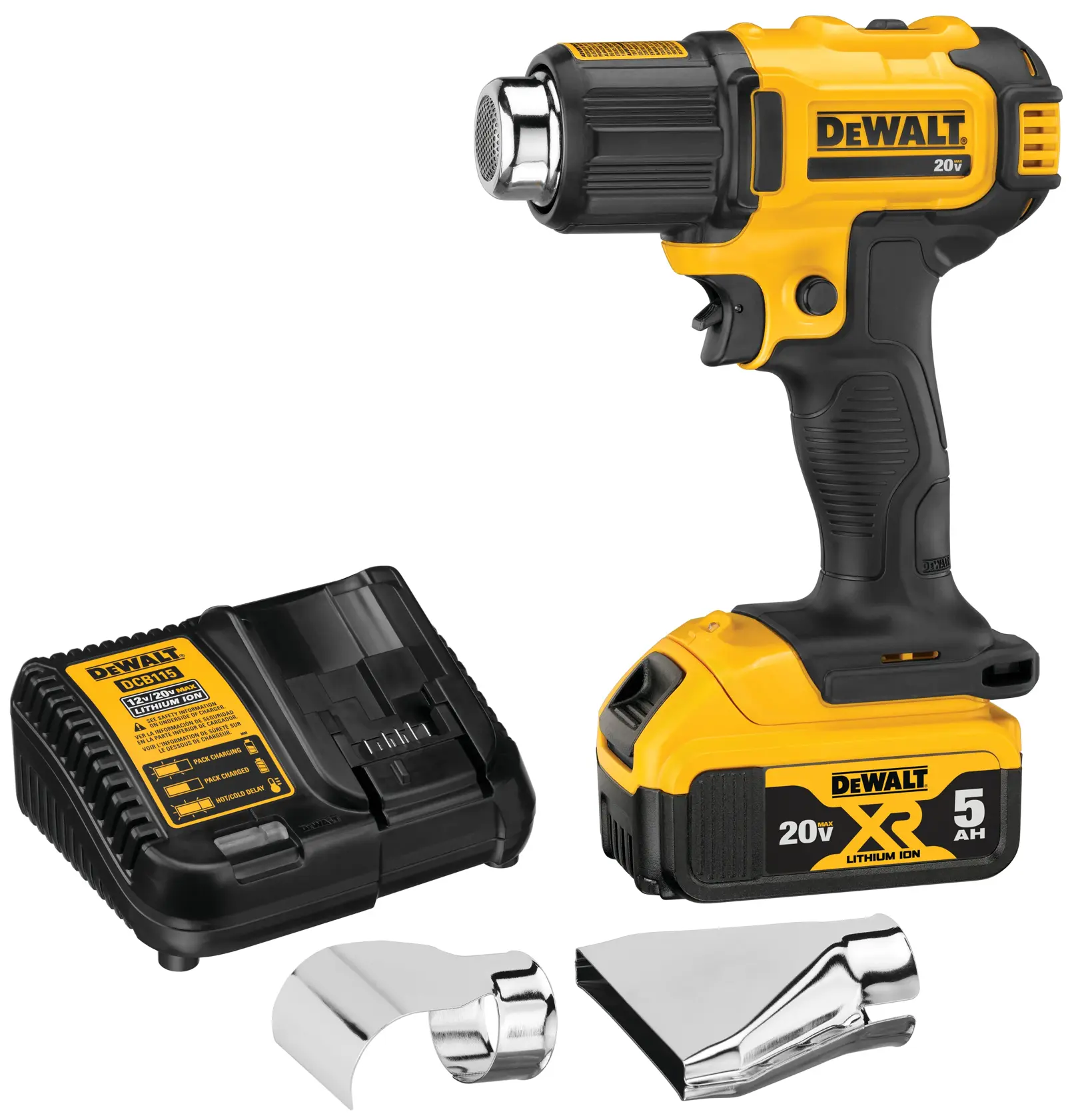 A DEWALT 20V cordless heat gun kit, including the heat gun with a yellow and black body, lithium-ion battery, charger, and two metal nozzle attachments.