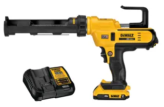 A DEWALT 20V MAX cordless caulking gun with a yellow and black design, shown next to its battery charger, both on a white background.