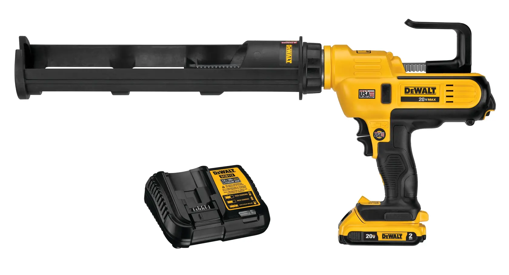 DEWALT DCE570D1 20V MAX cordless caulking gun with battery and charger, shown on a white background.