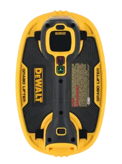 A DEWALT-branded Grabo lifter tool, featuring a black and yellow color scheme. The handle has two buttons, one with an 'X' and one with a green icon, and instructions are displayed on its surface.