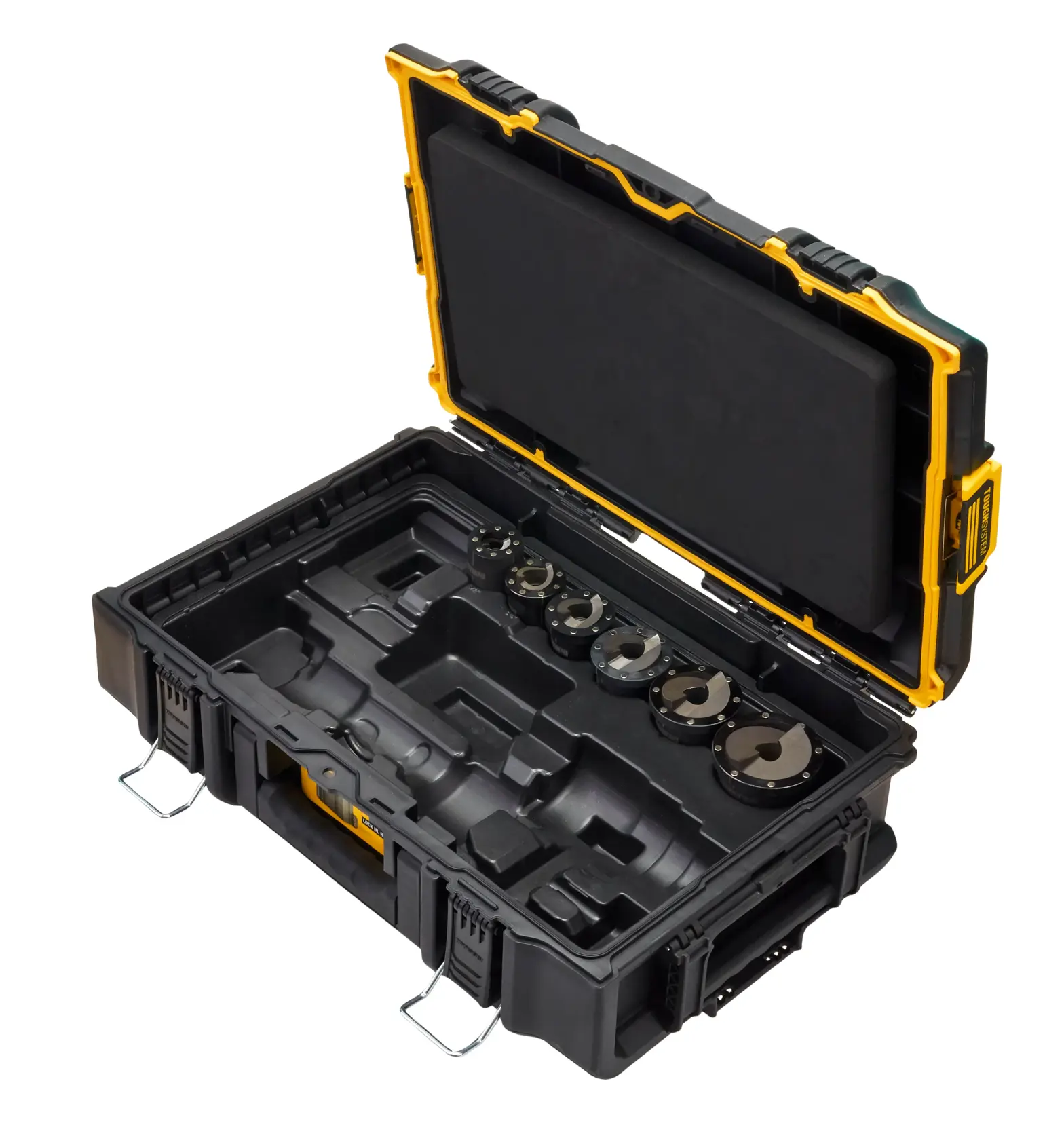 A black and yellow DEWALT hard case with a foam-lined lid, open to show several metal circular cutting dies and organized compartments inside.