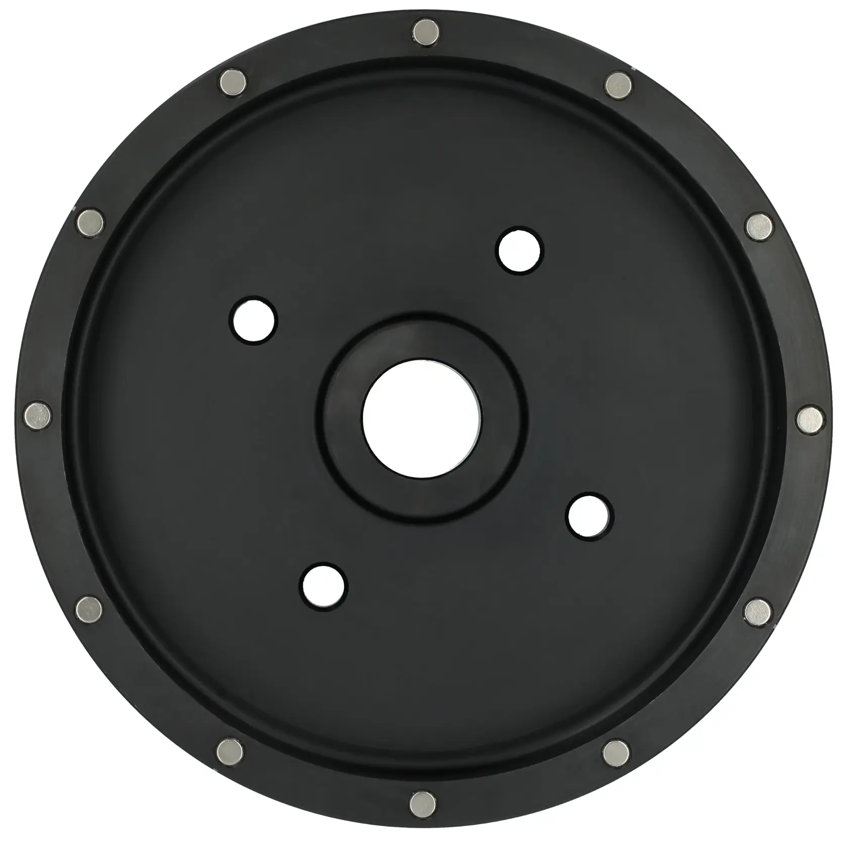 A black, circular metal plate with a large center hole, four smaller holes arranged around the center, and several evenly spaced silver rivets or fasteners along the outer edge.