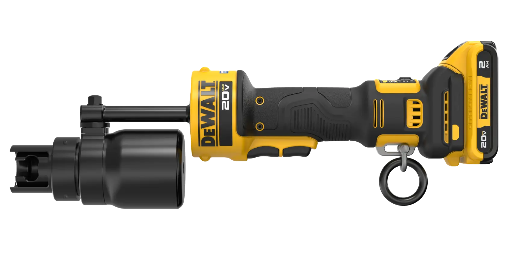 DEWALT Knockout Tool with 2 AH battery viewed from front laying on side