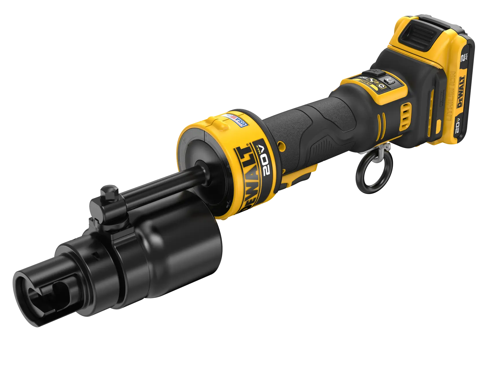 DEWALT Knockout Tool with 2 AH battery viewed from 3/4 angle showing the front of the tool