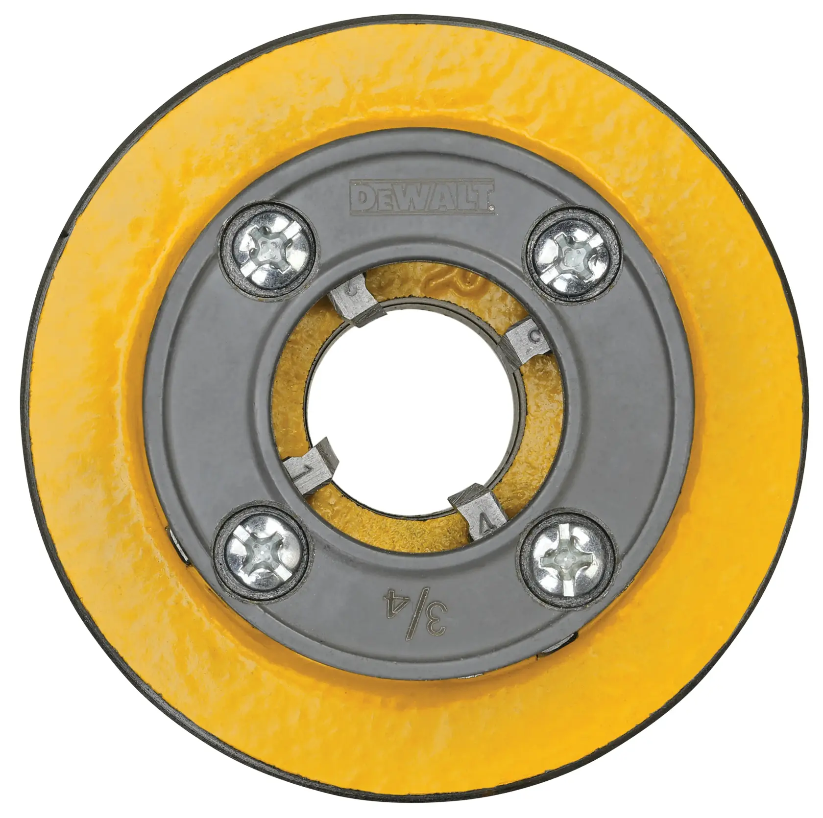 Overhead view of pipe threading die head with dies.