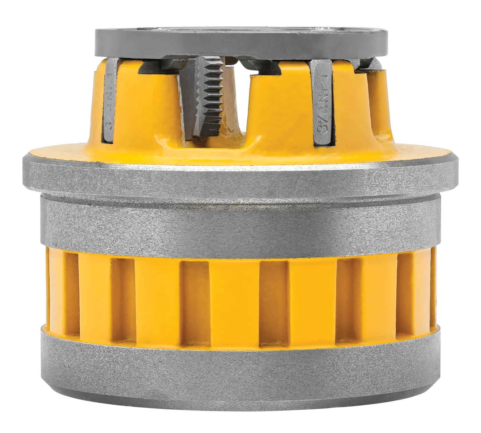 Pipe threading die head with dies.