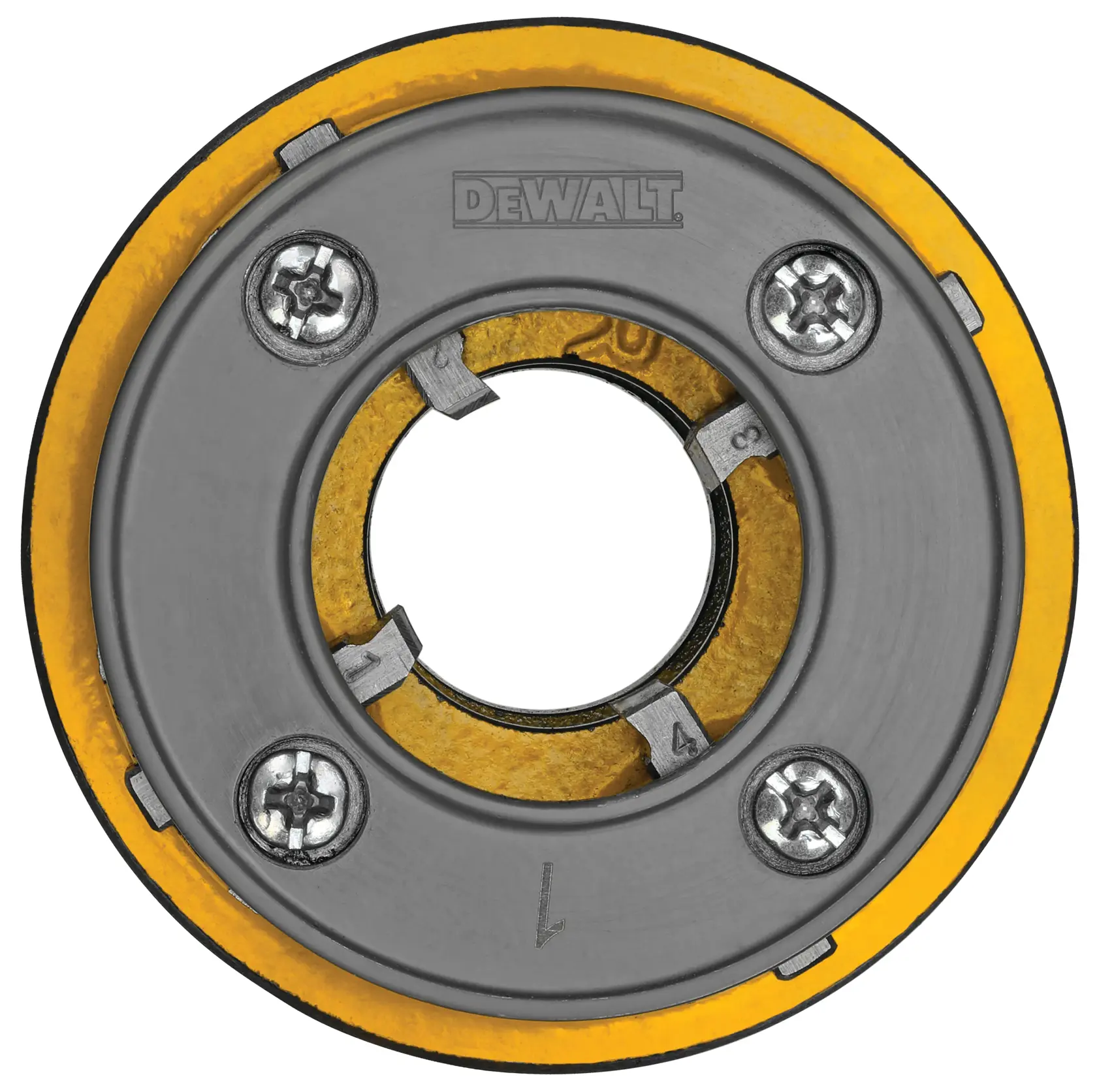 Overhead view of pipe threading die head with dies.