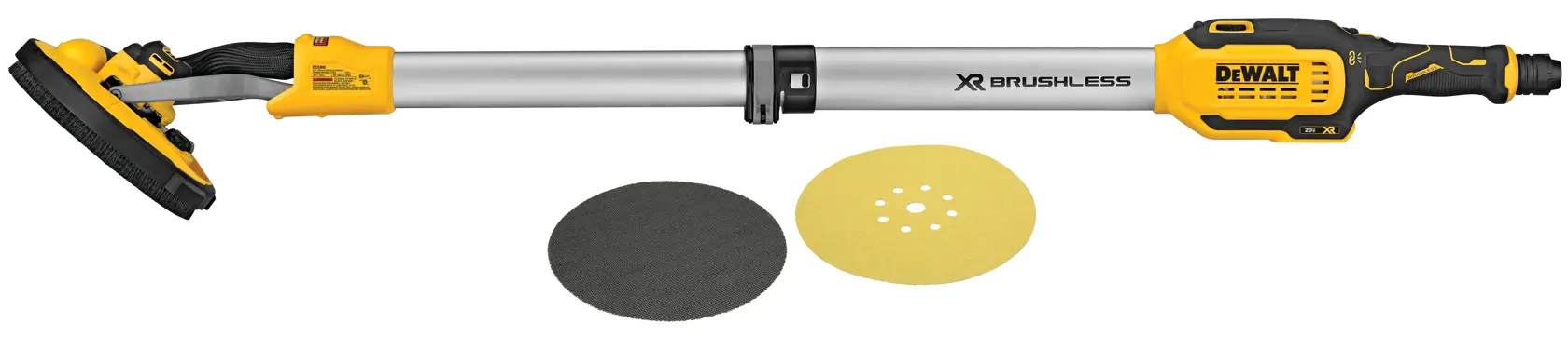 Cordless drywall sander featuring sanding pad attachments.