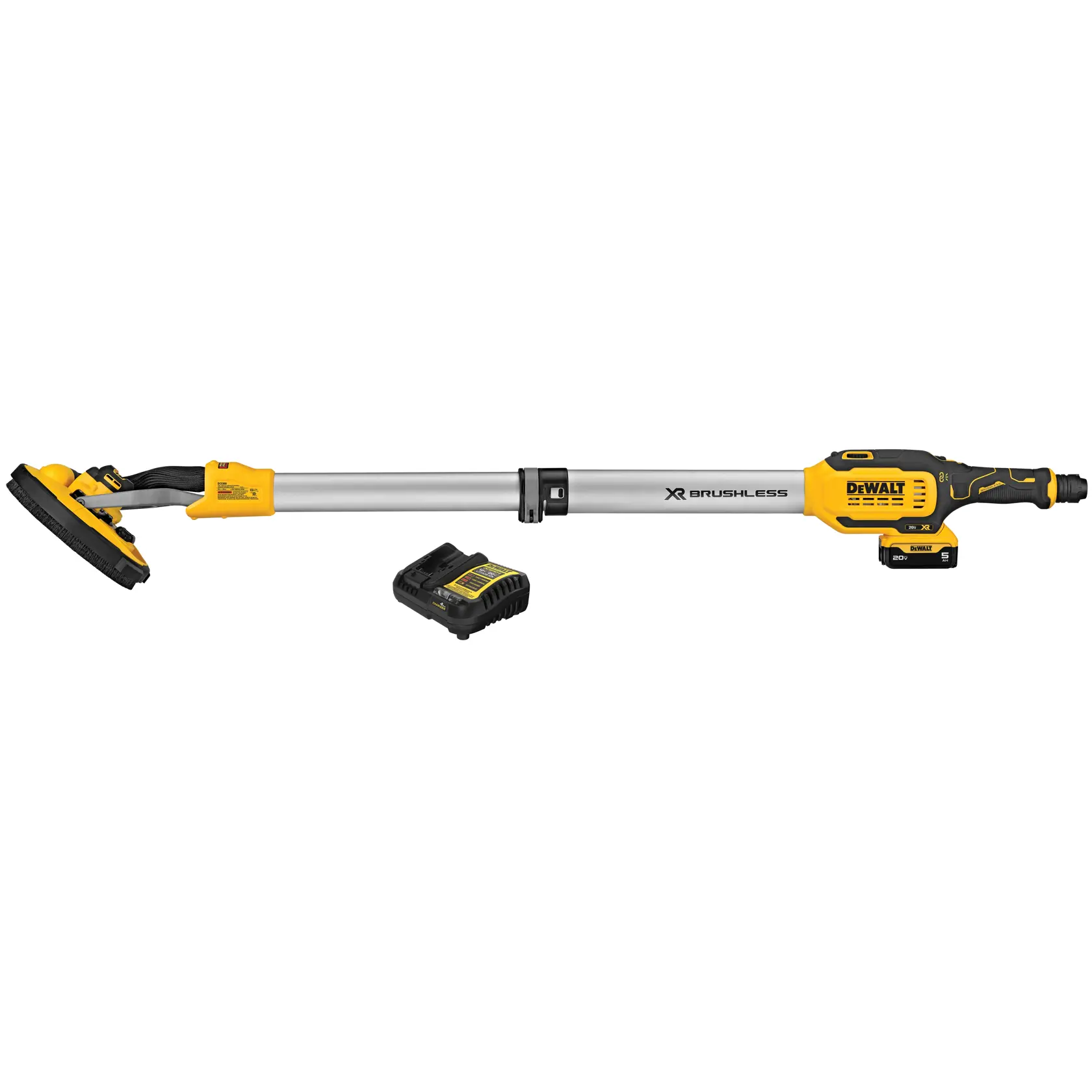 A DEWALT cordless drywall sander with a brushless motor, extendable handle, and a battery charger unit shown next to it. The tool is primarily yellow and black with silver accents.