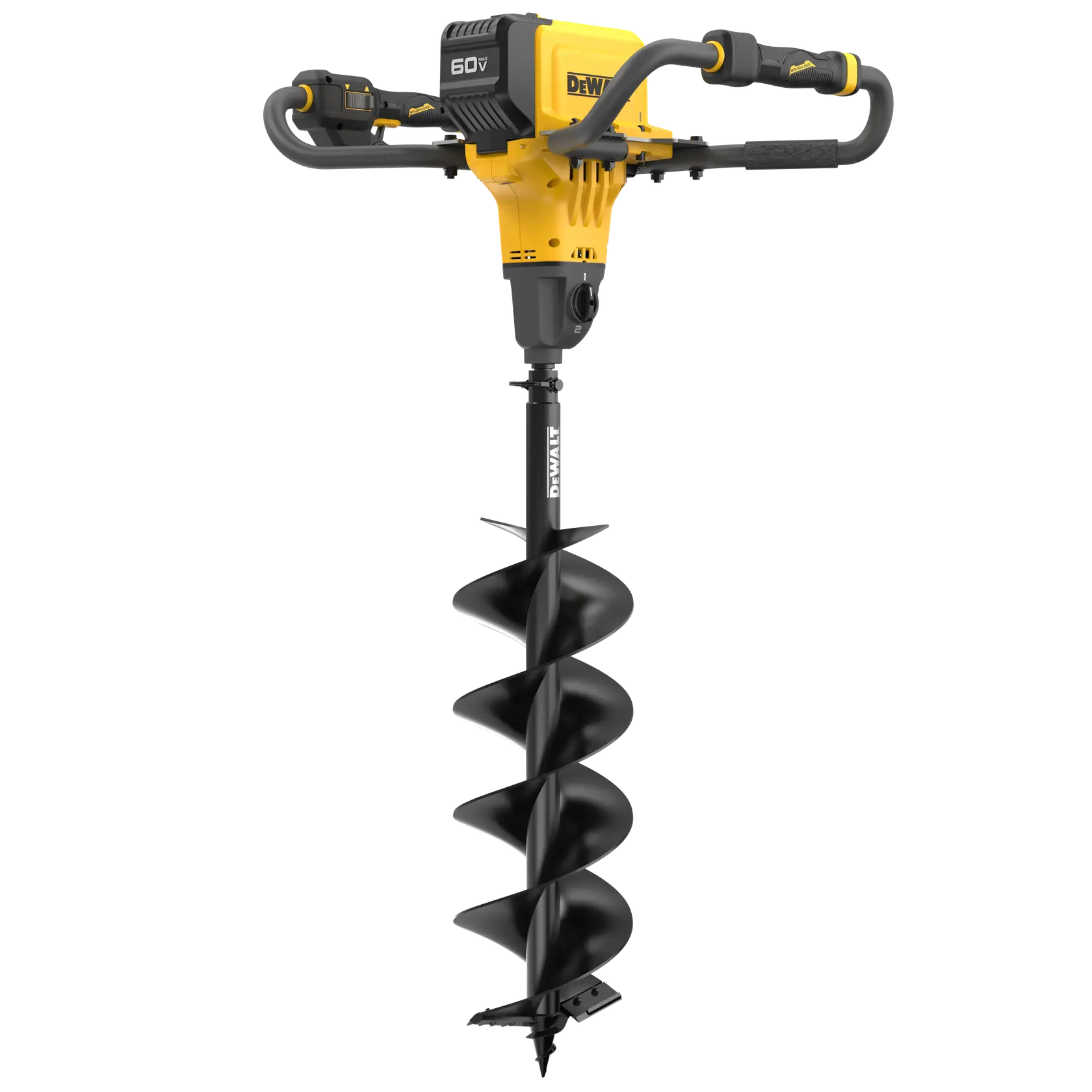 Yellow DEWALT 60V cordless earth auger with black spiral drill bit, used for digging holes in soil.