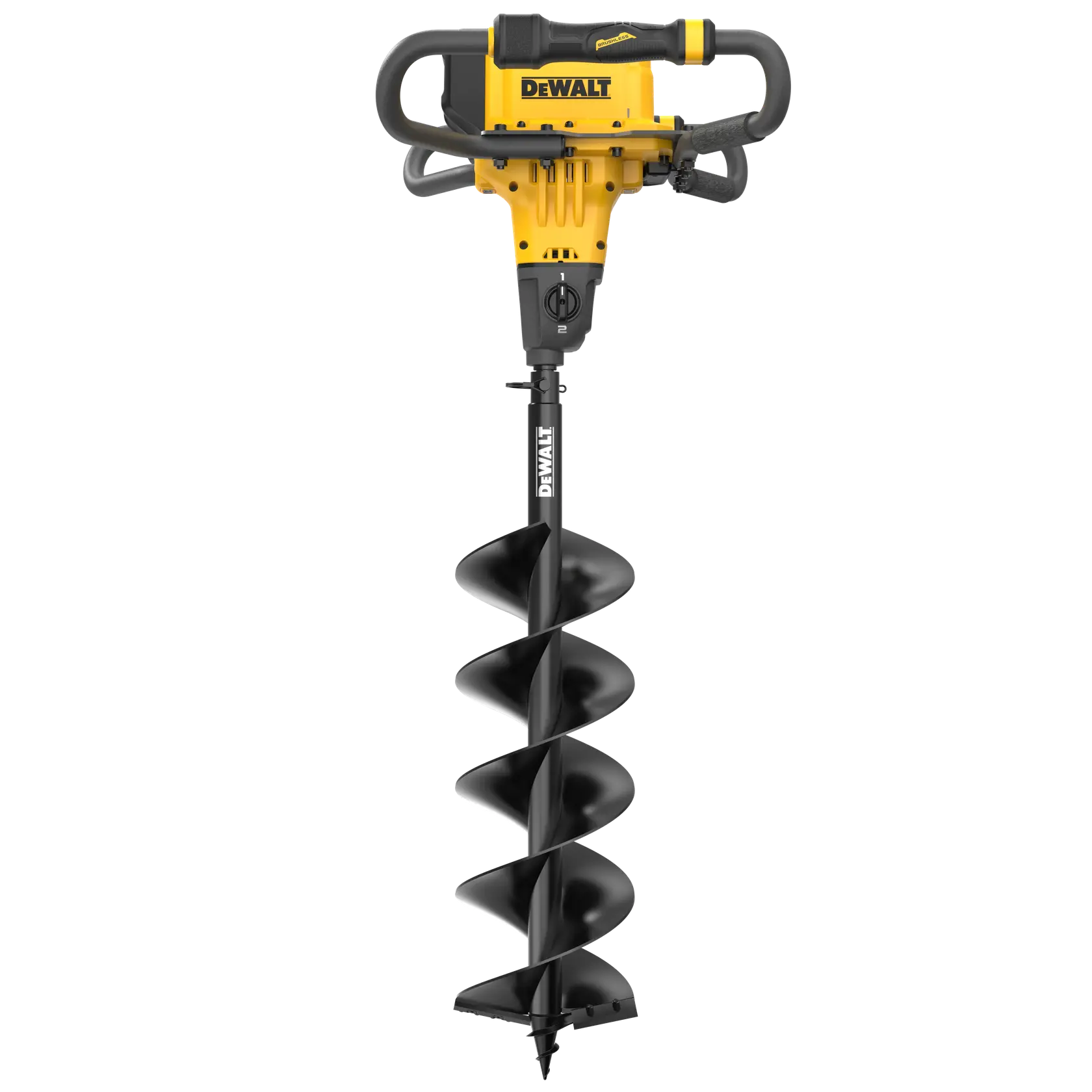 DEWALT cordless earth auger with yellow and black handle and spiral drill bit, shown upright on white background.