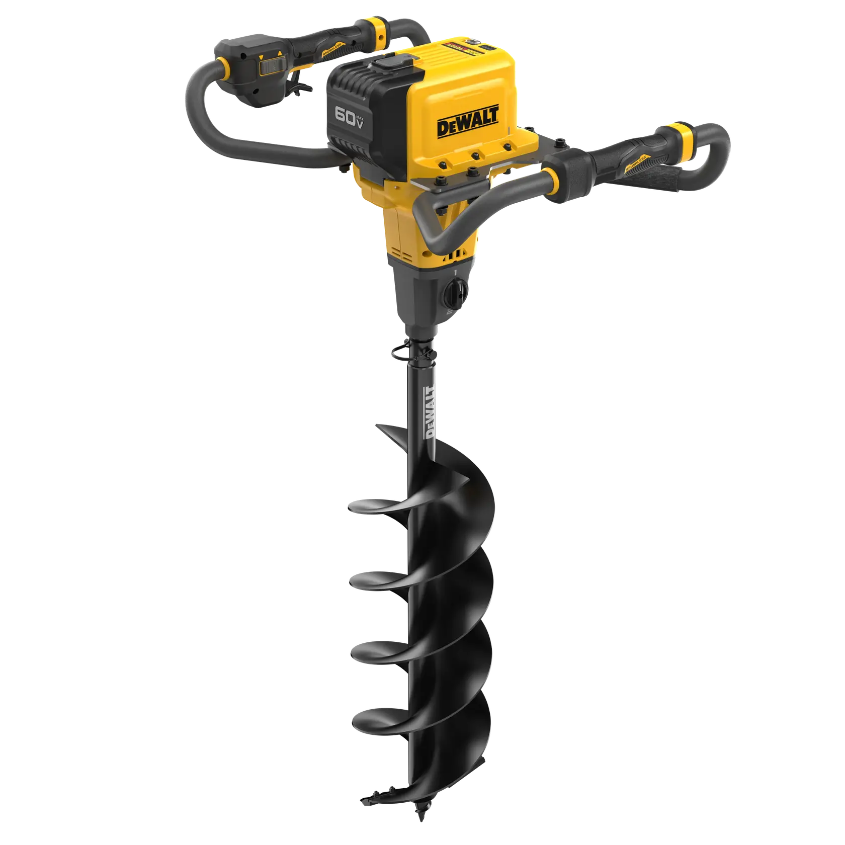 DEWALT 60V cordless power auger with yellow body and black handles for drilling into soil.