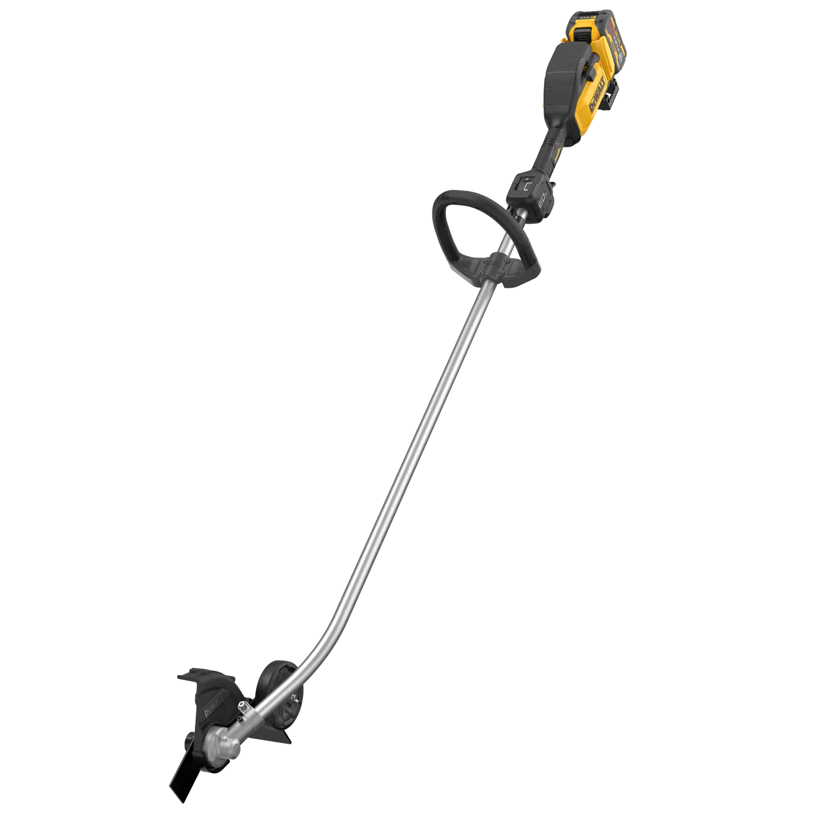 A yellow and black DEWALT cordless brush cutter with a straight silver shaft and a D-shaped handle. The tool features a cutting blade at the end, suitable for trimming thick grass and brush.
