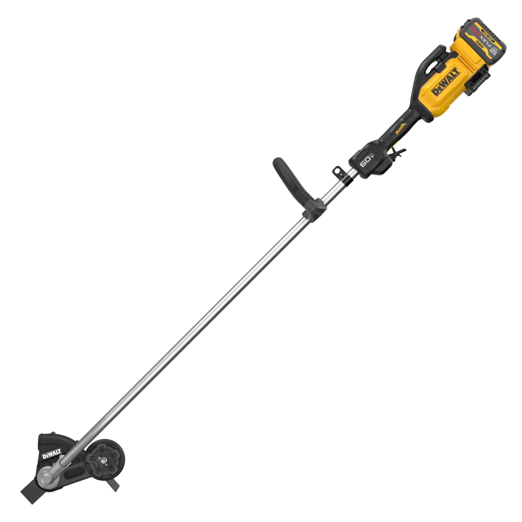 A DEWALT 60V cordless electric lawn edger with a yellow and black handle, metal shaft, auxiliary grip, and a wheel at the edging end.