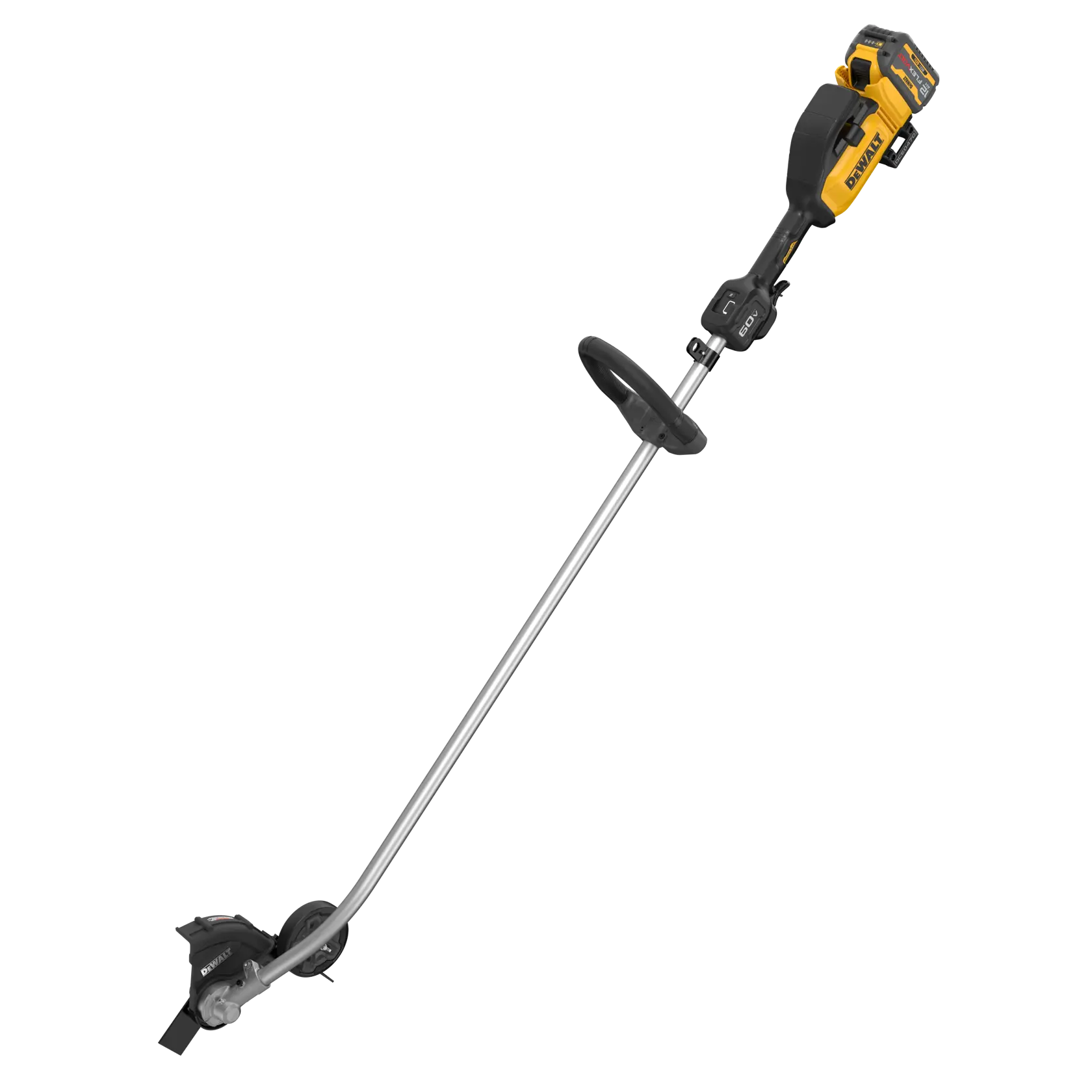 A cordless electric lawn edger tool with a yellow and black handle, featuring a long metal shaft, a circular handle grip, and a blade attachment for trimming grass edges.