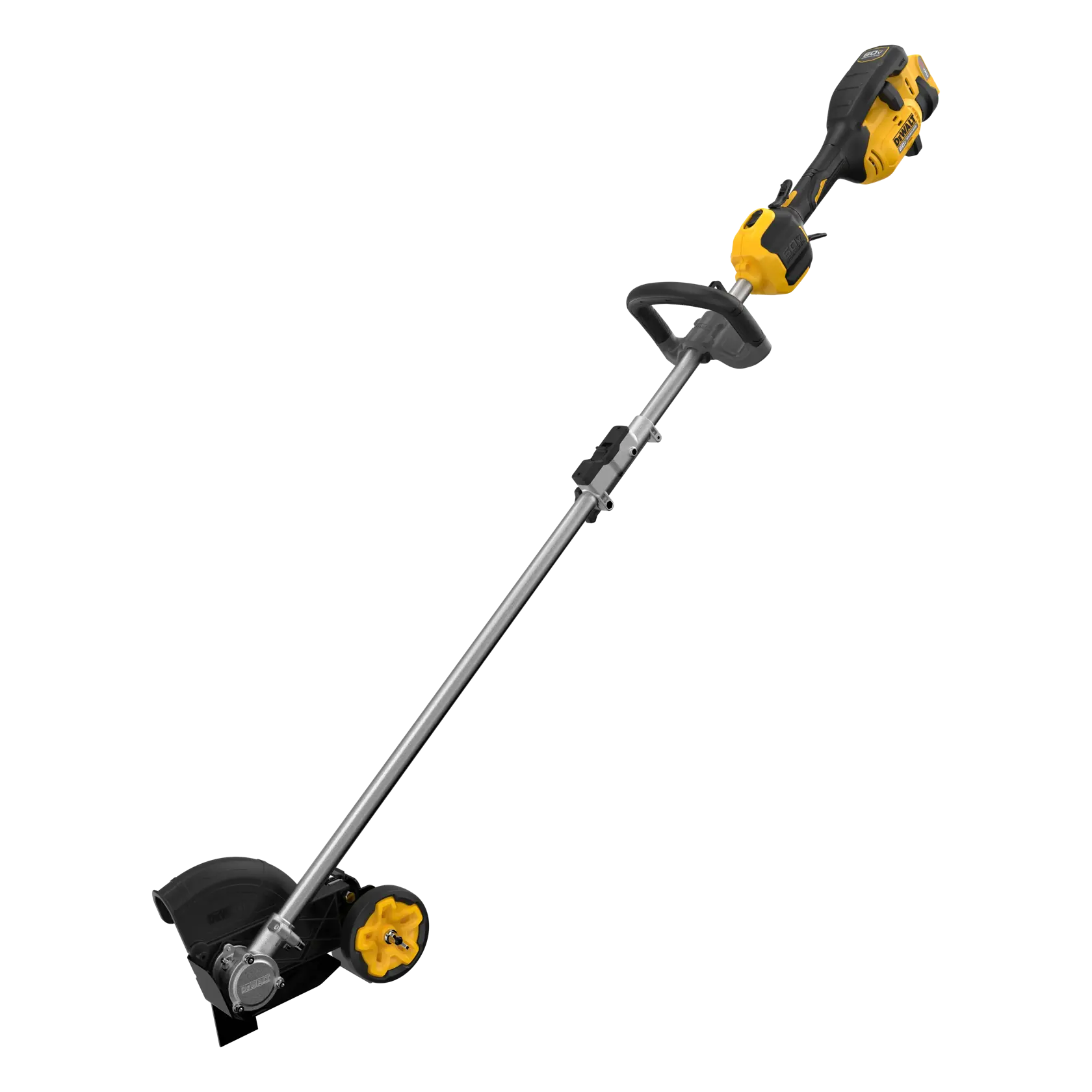 Cordless DEWALT lawn edger with yellow and black handle, adjustable shaft, and wheel for easy yard trimming.
