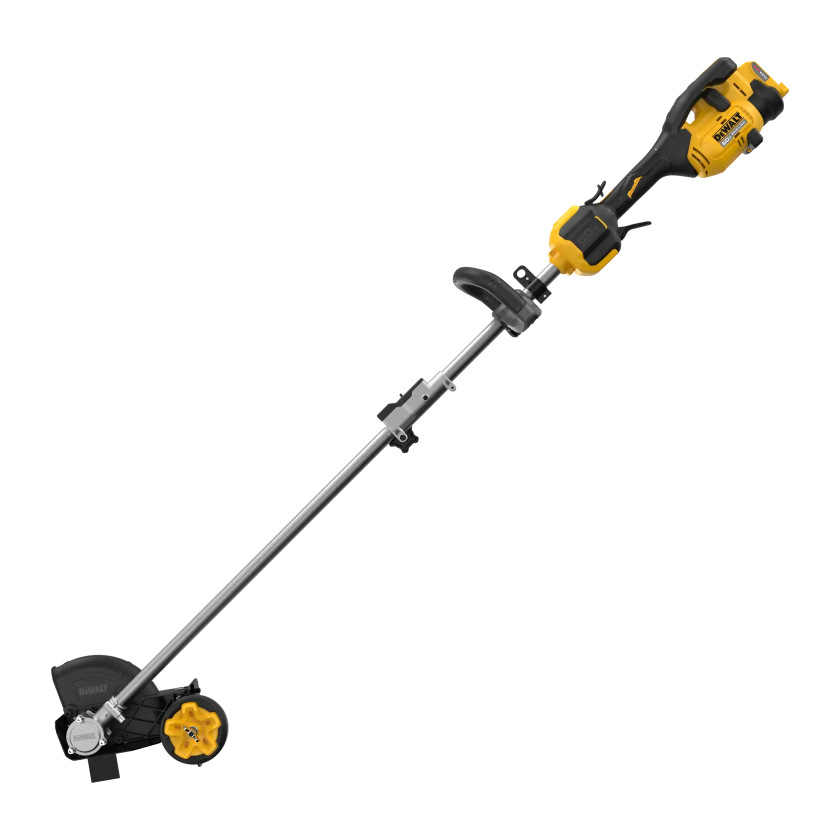 DEWALT cordless lawn edger with a yellow and black handle, long shaft, and adjustable auxiliary handle.