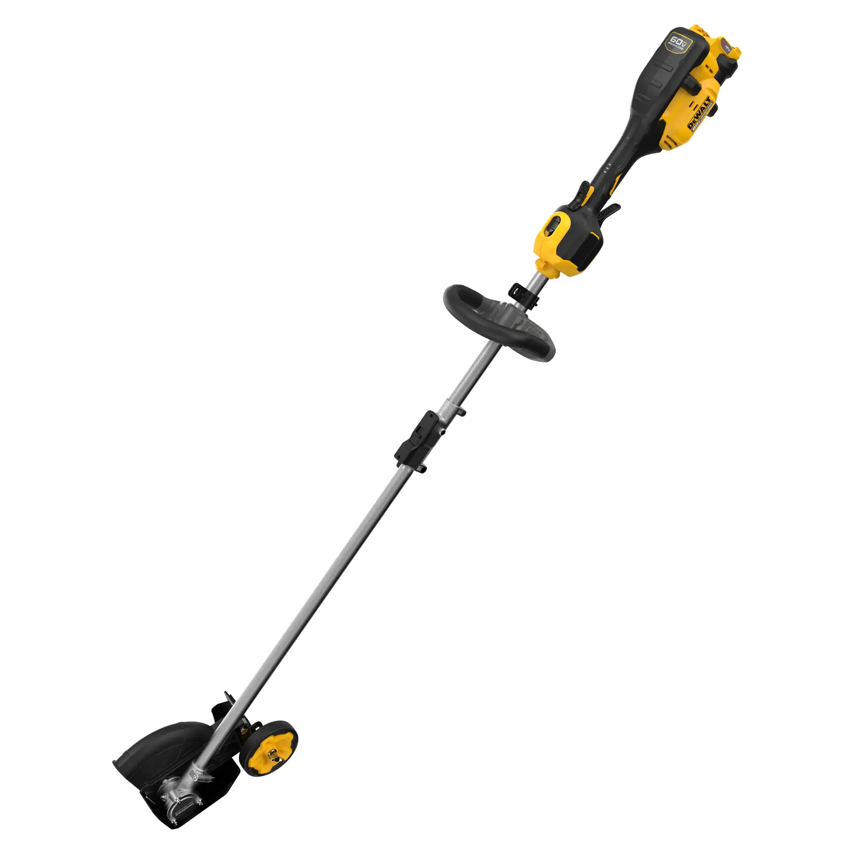 DEWALT cordless lawn edger with a yellow and black handle, adjustable shaft, and cutting blade visible.