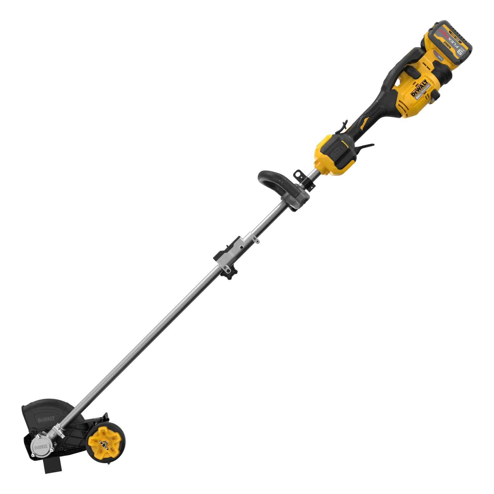 DEWALT cordless electric lawn edger with yellow and black body, handle, and rotating blade.