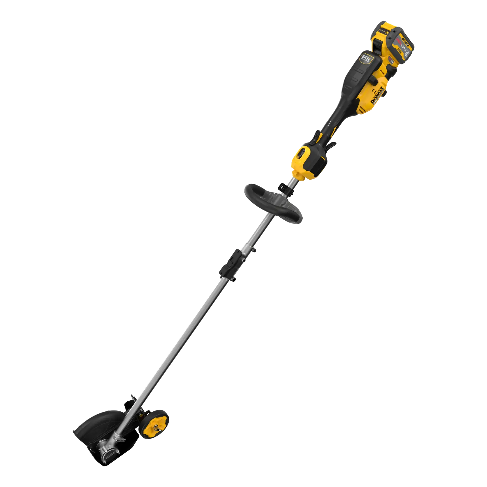 DEWALT cordless string trimmer with a black and yellow body and a handle for outdoor lawn care.