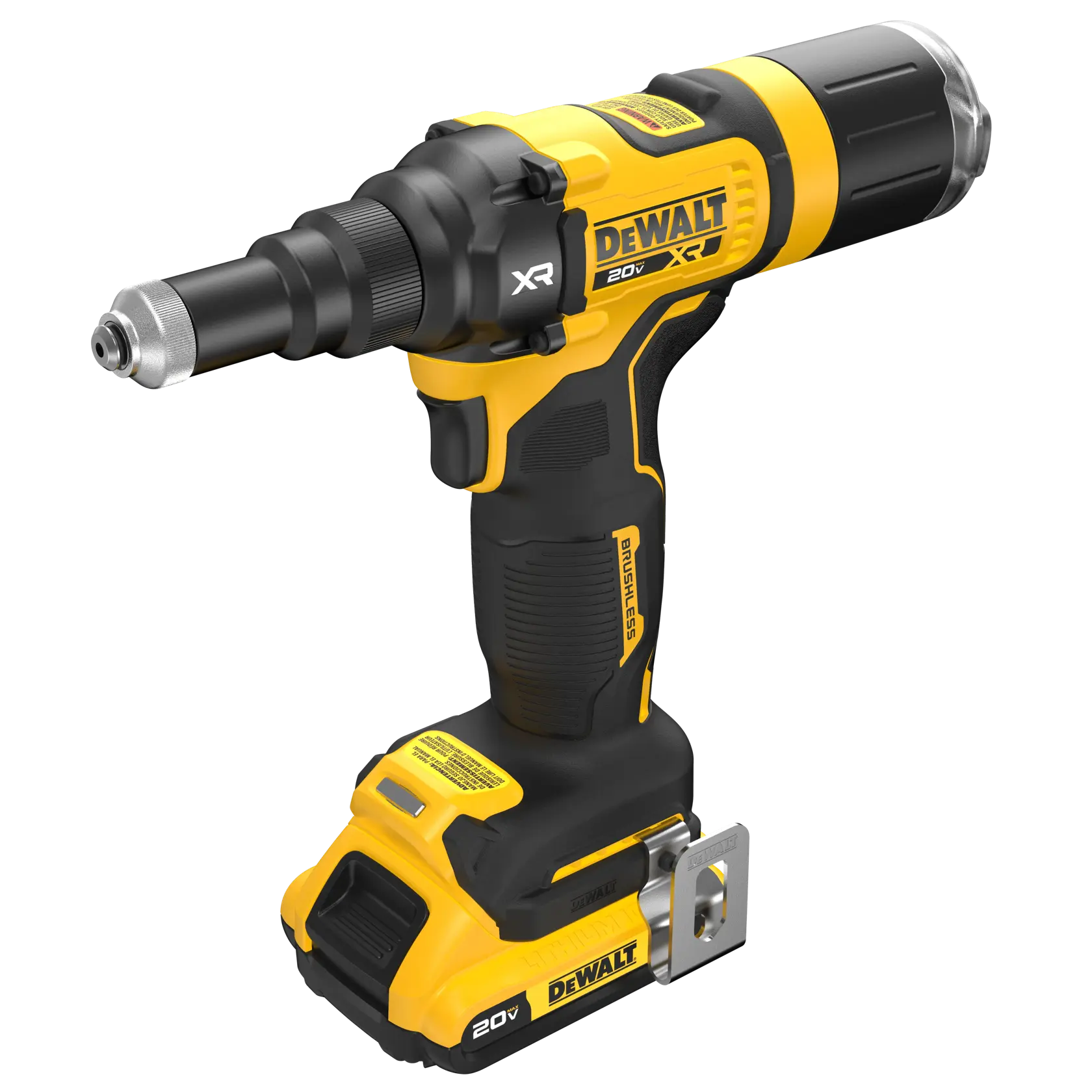 DEWALT 20V MAX XR(®) 3/16 inch Rivet Tool top front angled view with 2.0 Ah battery