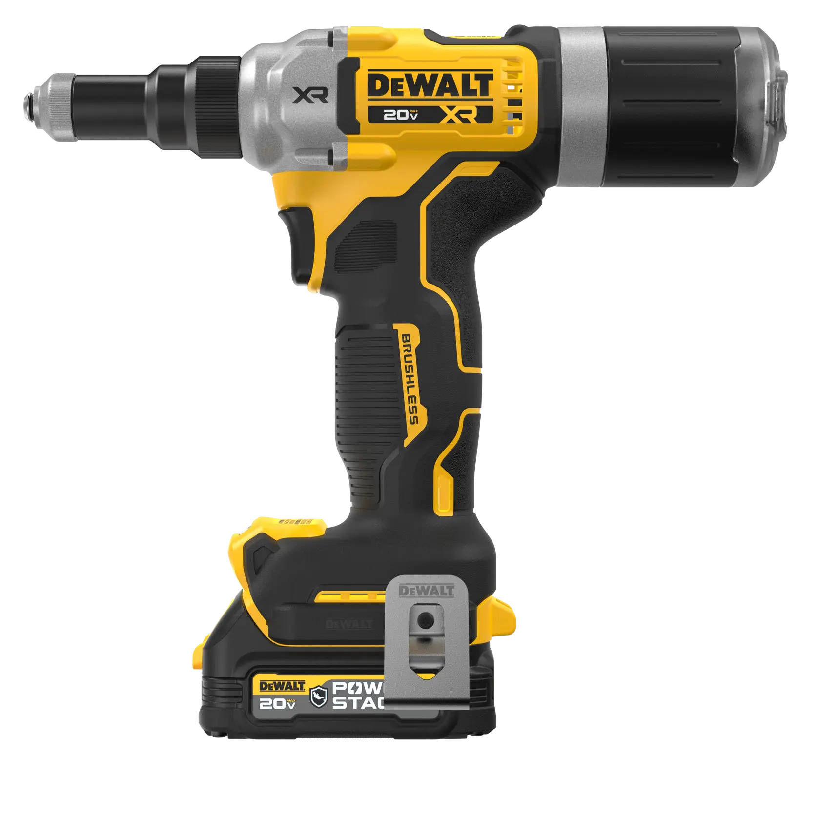 DEWALT 20V MAX XR(®) 1/4 Rivet Tool front side flat view DEWALT POWERSTACK(™) Compact Oil-Resistant Battery